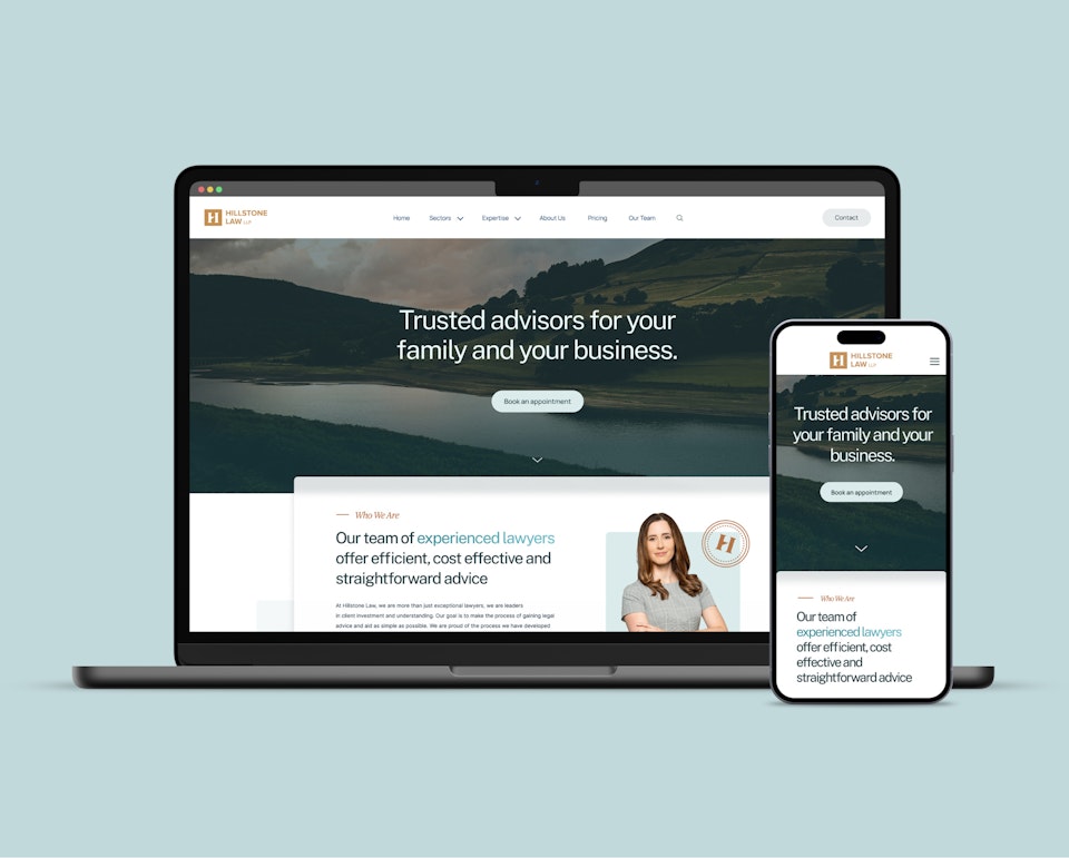 Laptop and mobile mockups displaying the web design for Hillstone Law by Kozo Creative