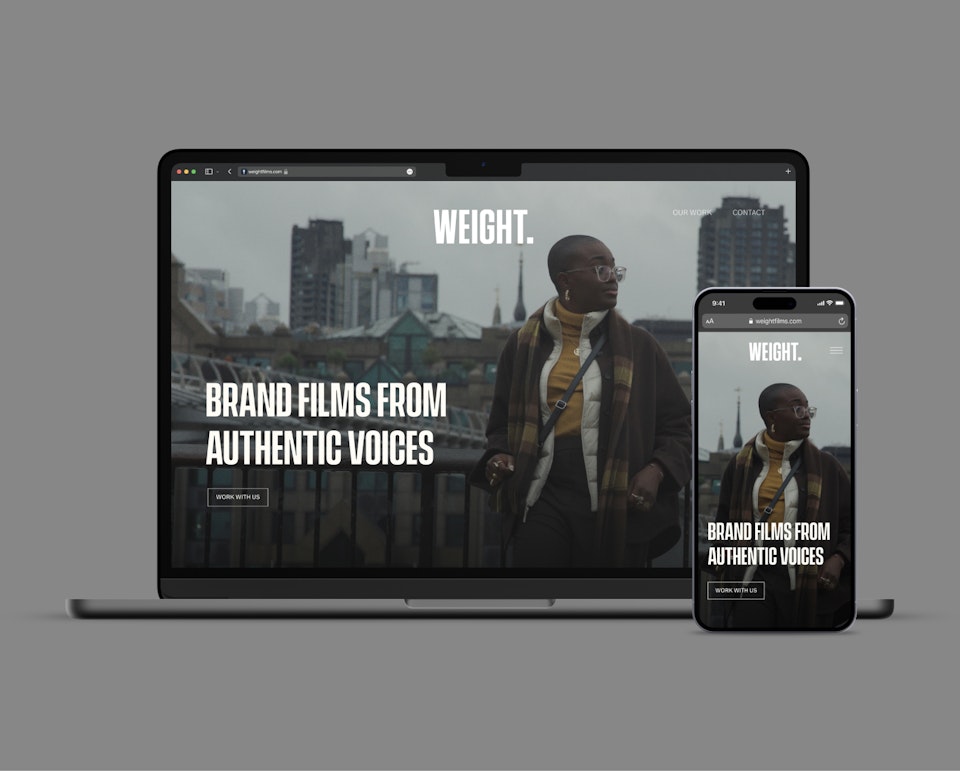 Laptop and mobile mockups displaying the web design for Weight. Films by Kozo Creative