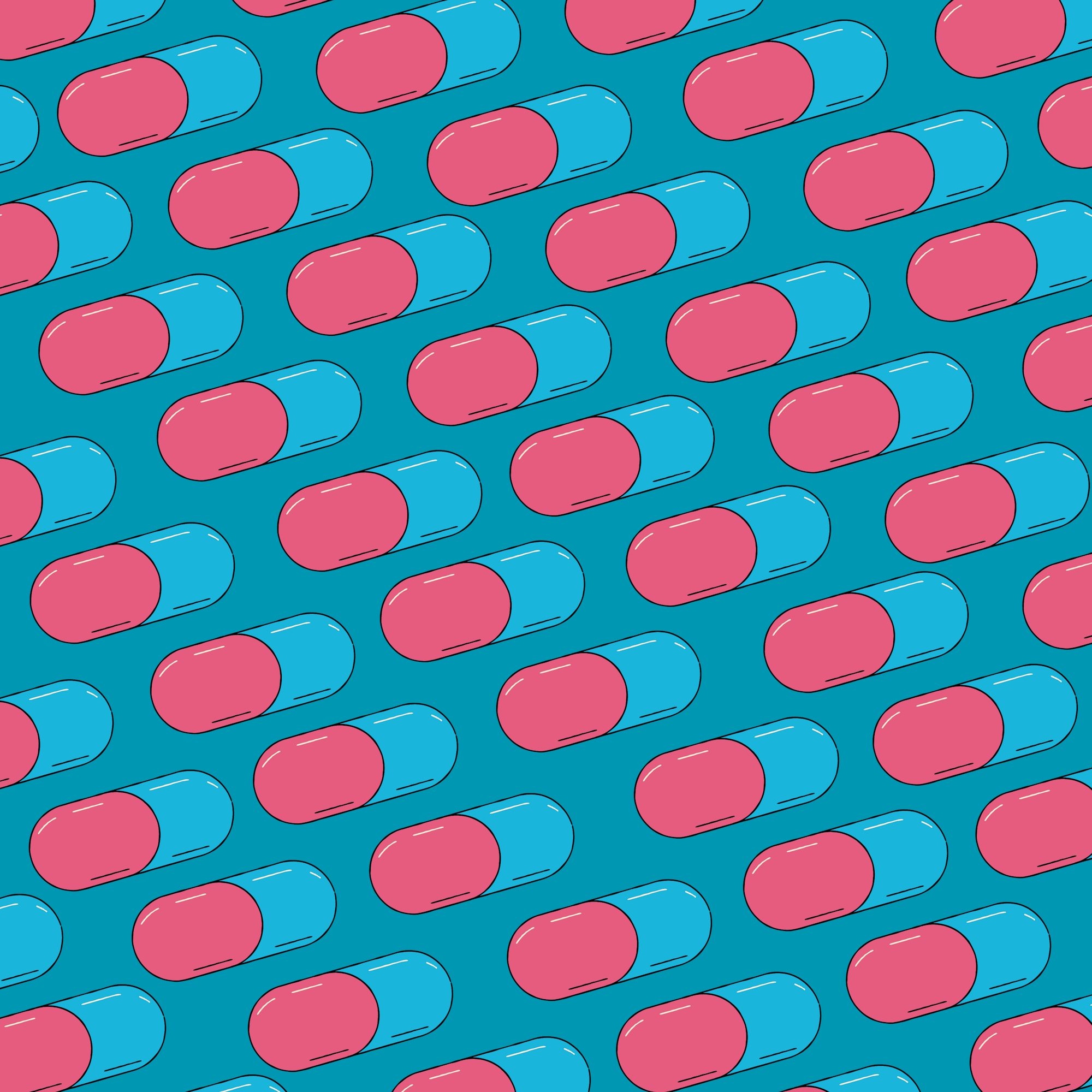 Graphic pattern of blue and red pills on blue background.