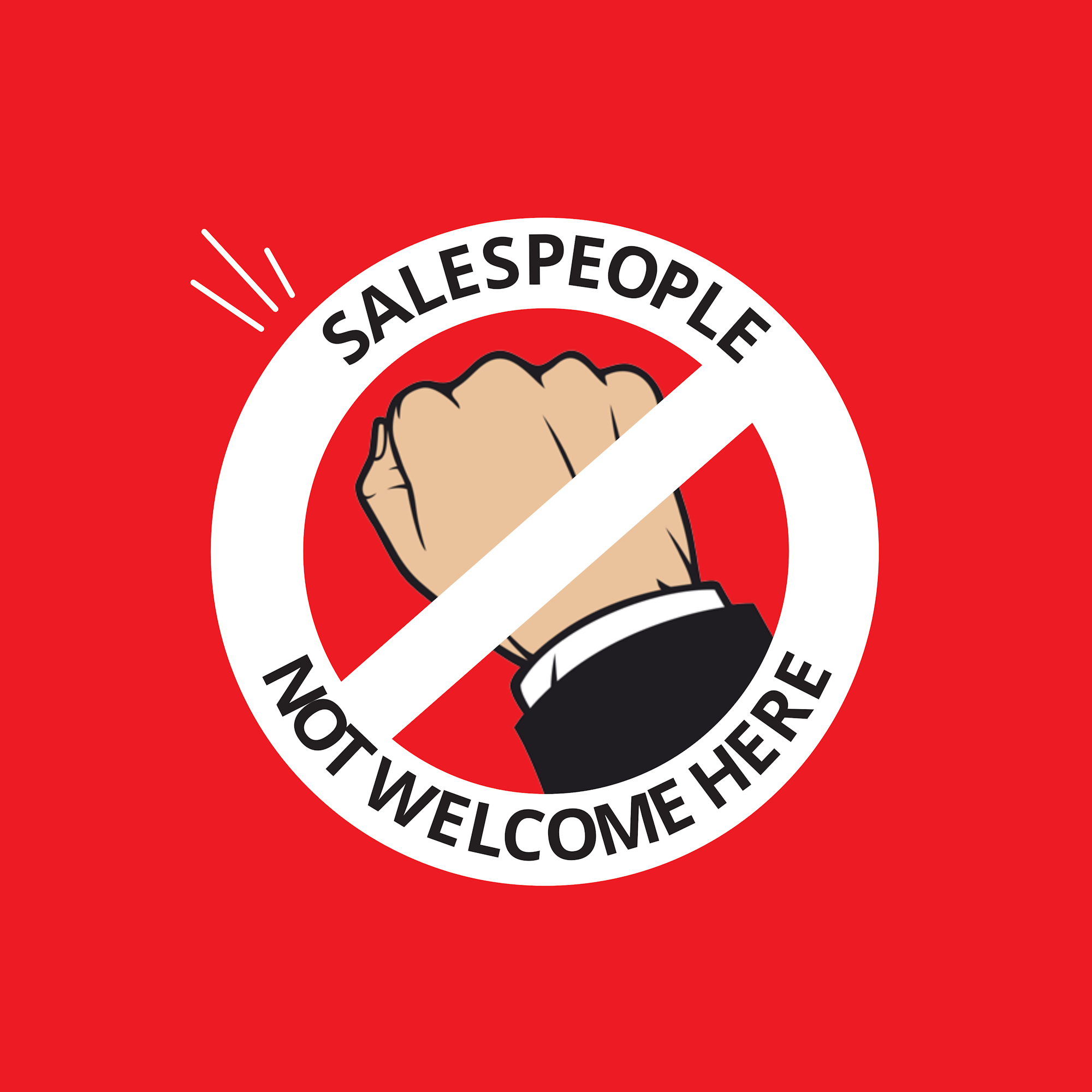 Graphic illustration of sticker with knocking hand and words saying salespeople not welcome here.