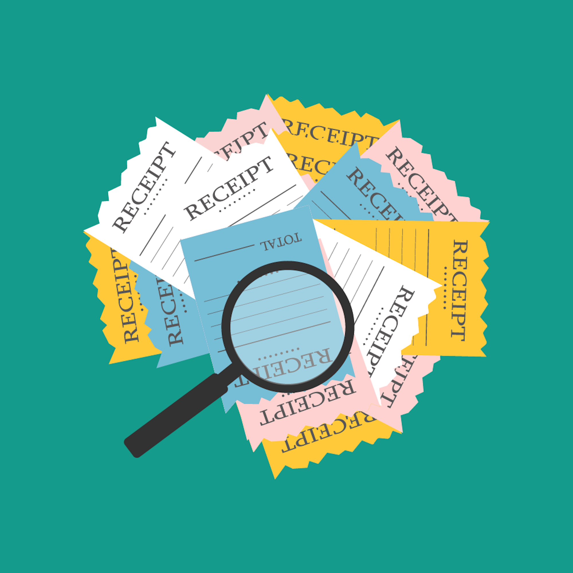 Magnifying glass and receipts graphic.