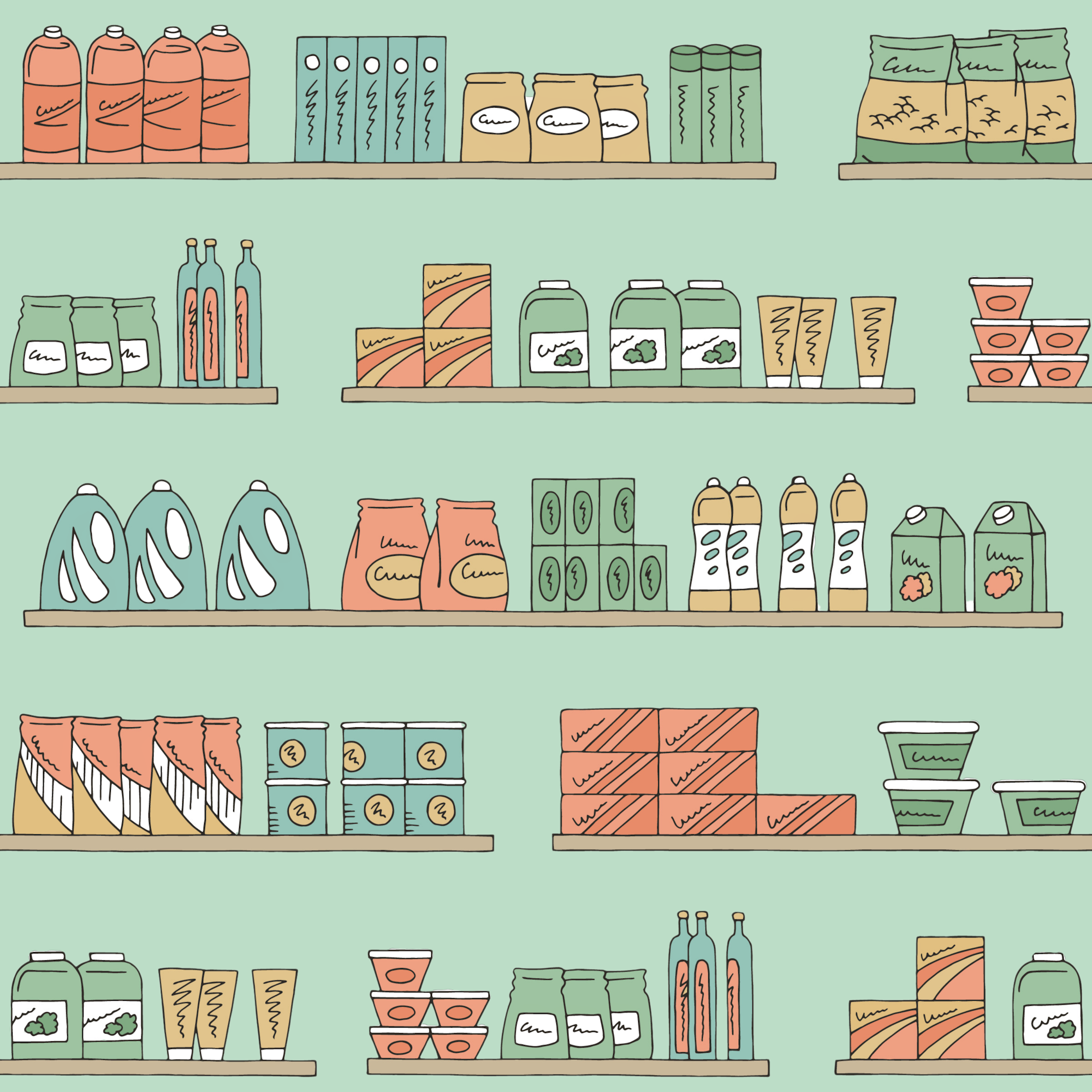 Illustration of products on shelves.