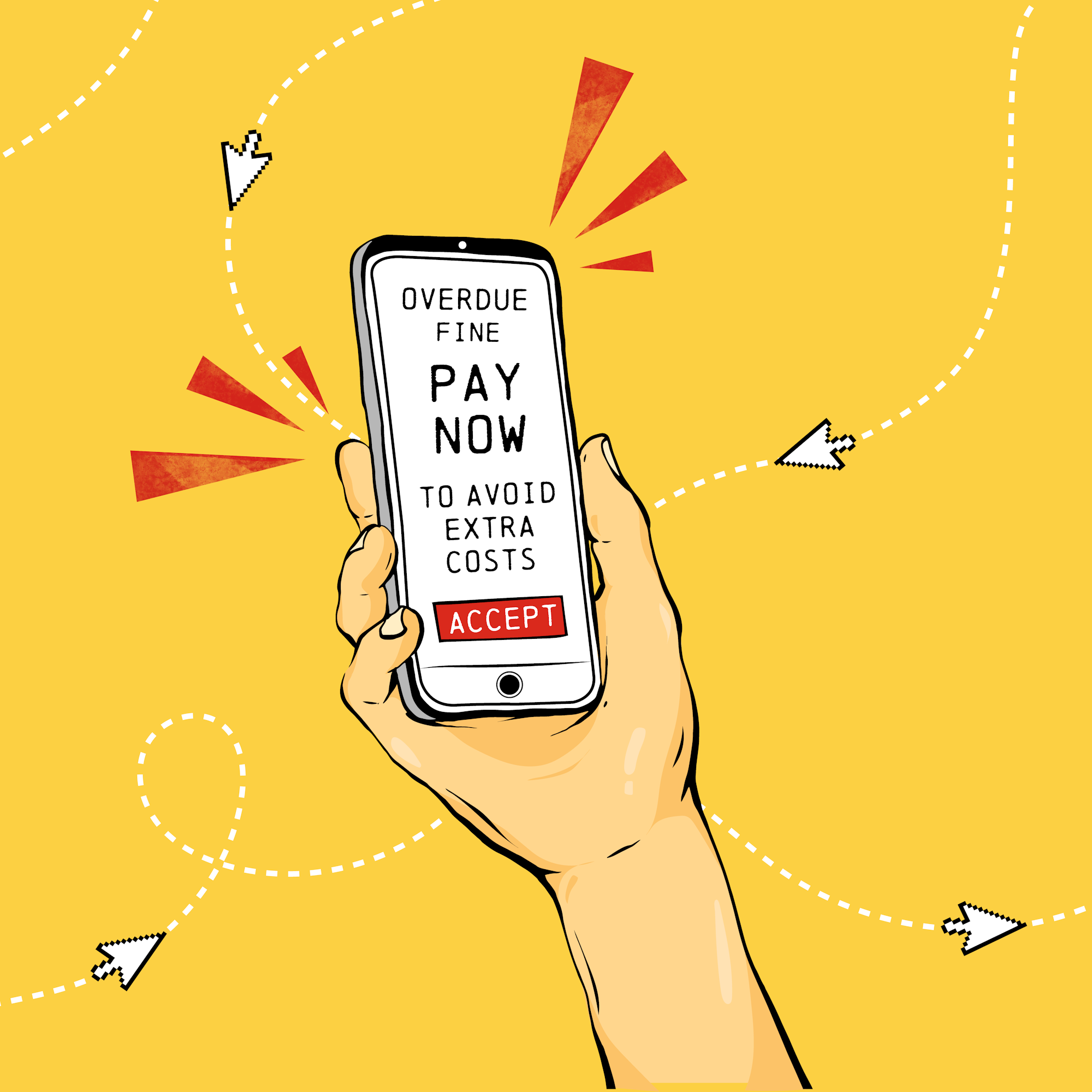 Illustration of person holding phone displaying scam message.