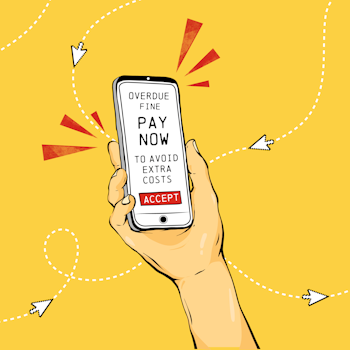 Illustration of person holding phone displaying scam message.