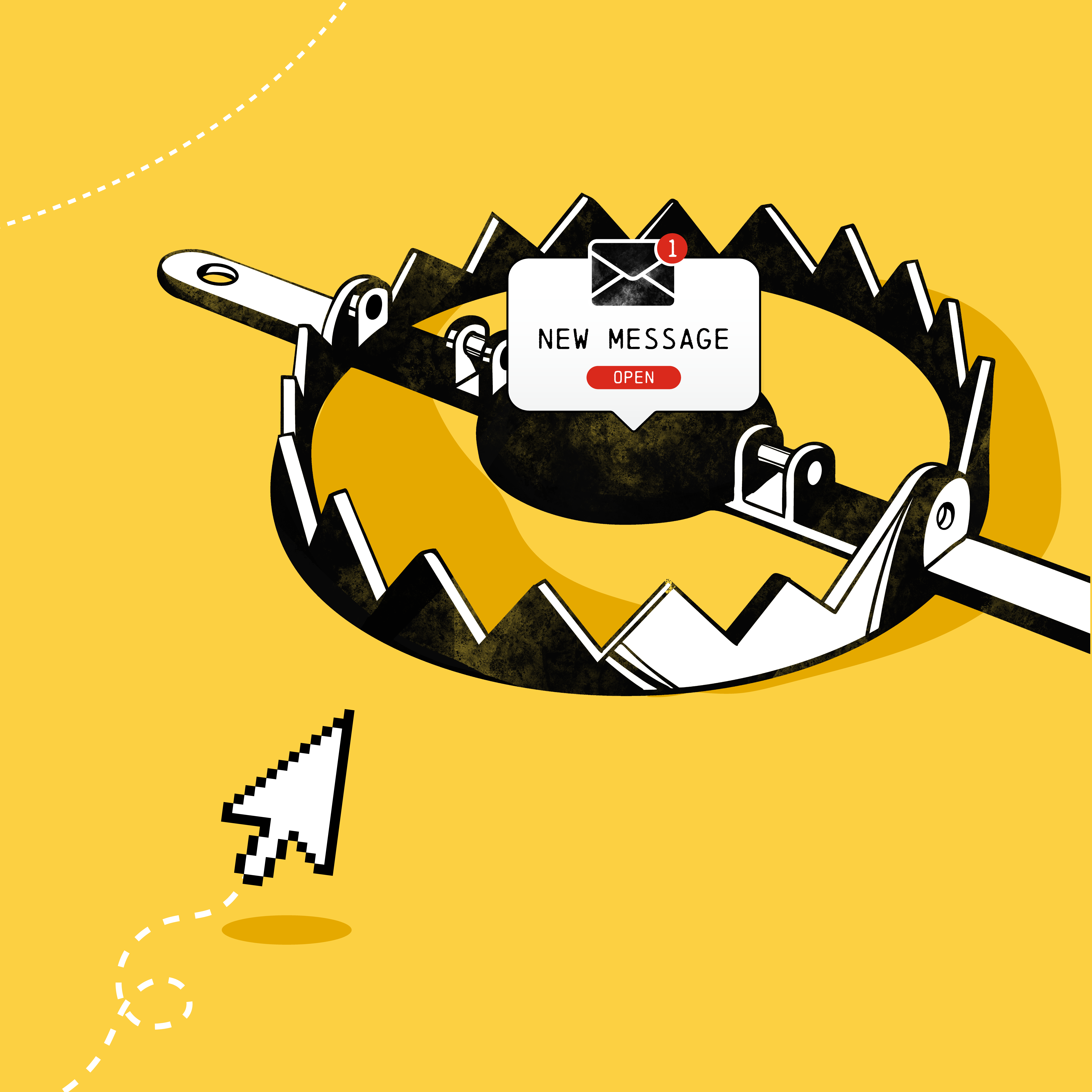 Illustration of bear trap with scam text message as bait.