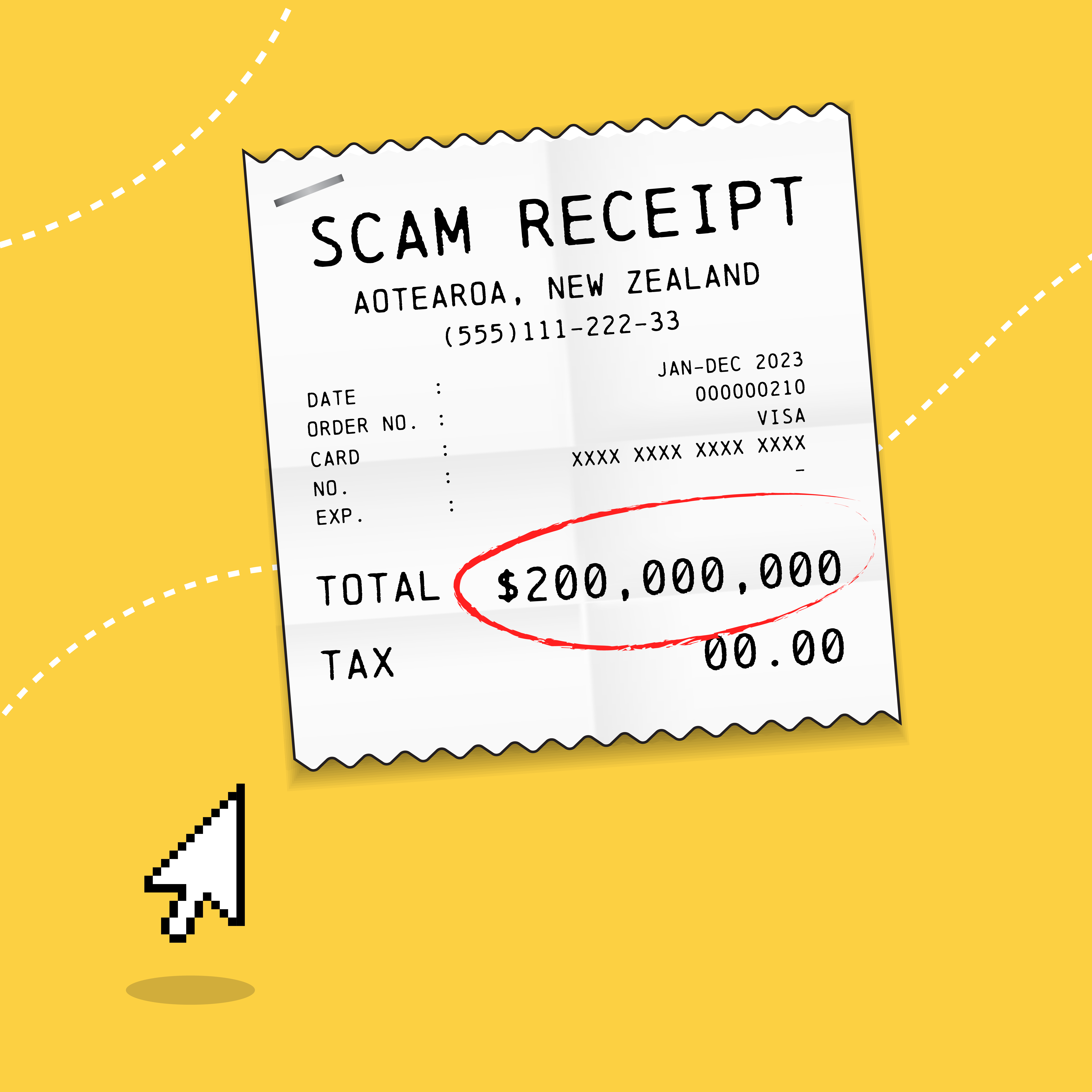 Illustration of receipt listing NZ's financial losses to scams.
