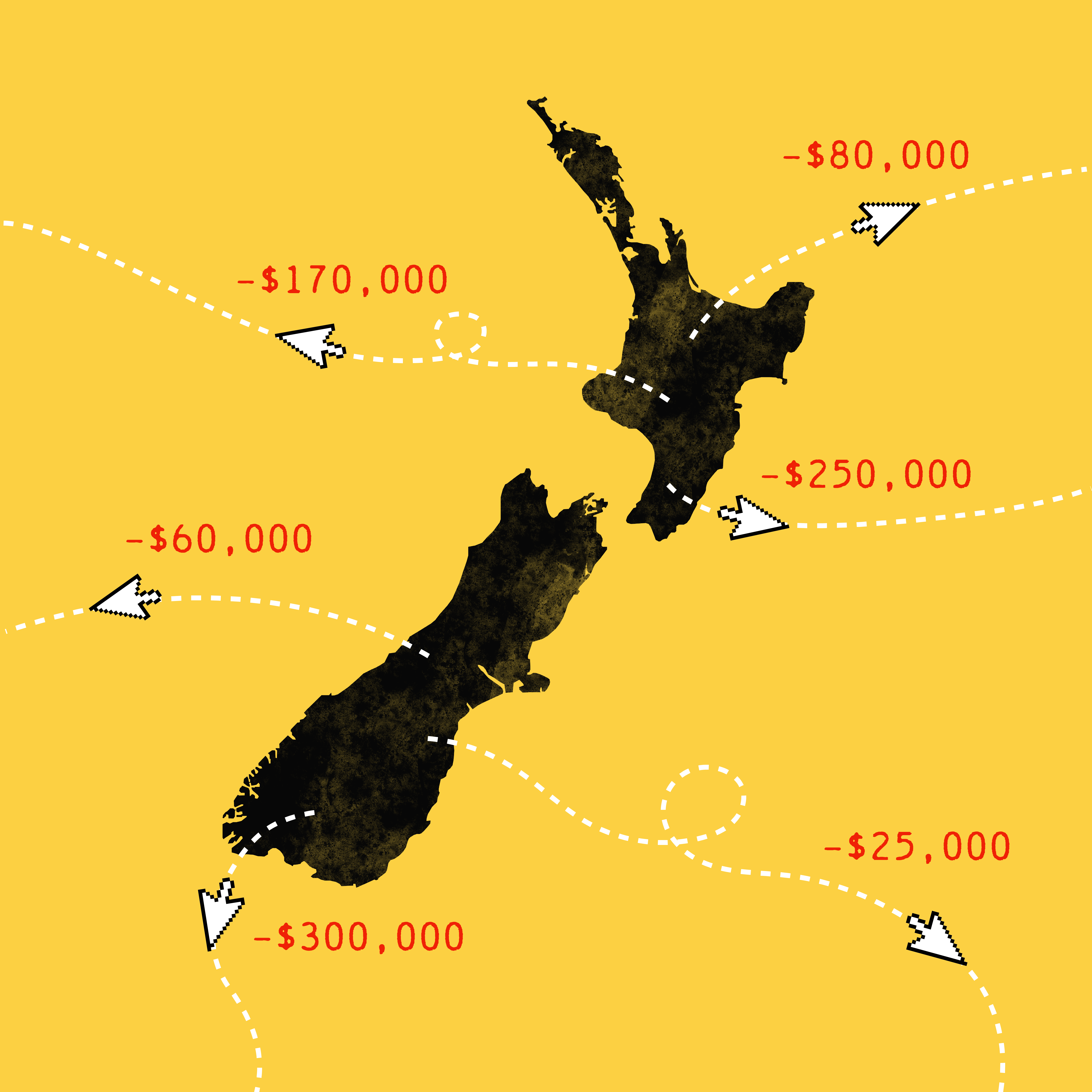 Illustration of map of New Zealand showing money leaving the country to scammers.