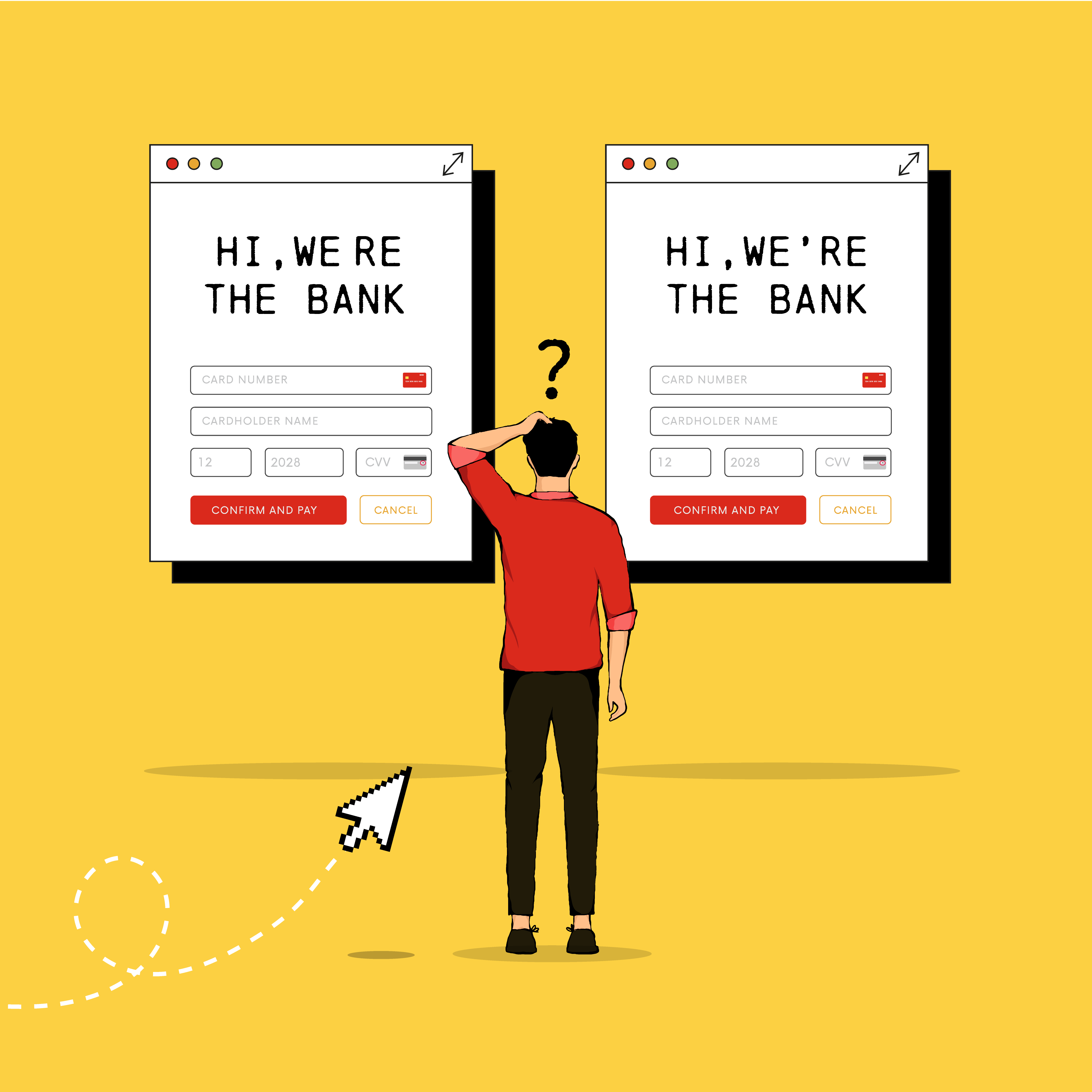 Illustration of person standing in front of two screens, one with a scam website and one with a real one.