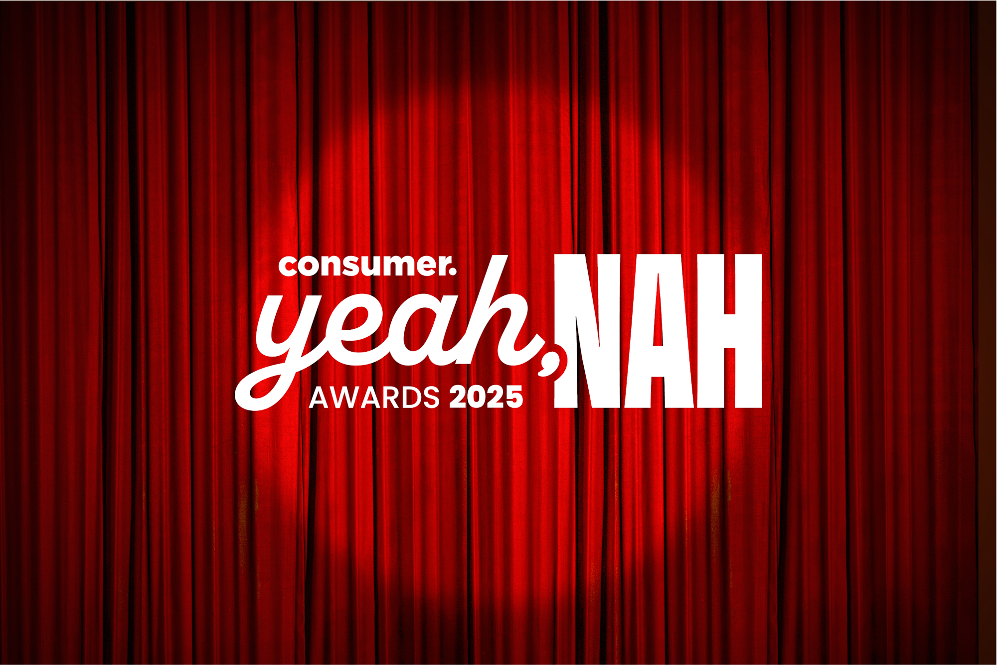 Yeah Nah Awards logo on red stage curtains with spotlight.