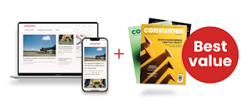 Graphic of laptop and phone showing Consumer NZ website, alongside a stack of Consumer NZ magazines, with a red circle featuring the words 'Best value'.
