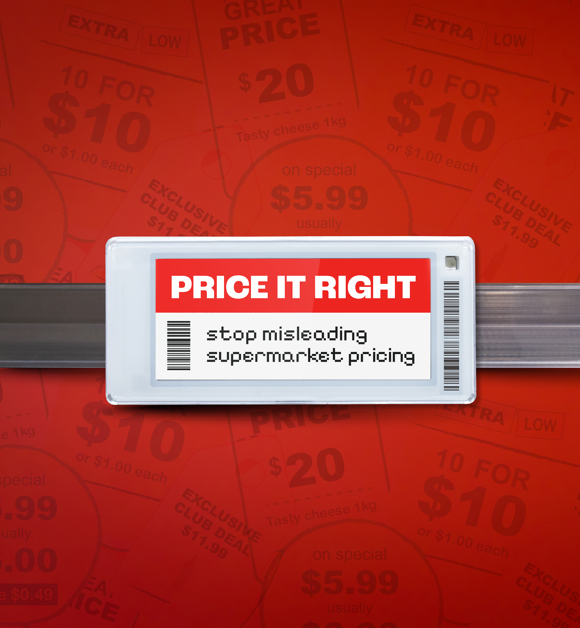 Supermarket pricing label with the words "Price It Right" on red background.
