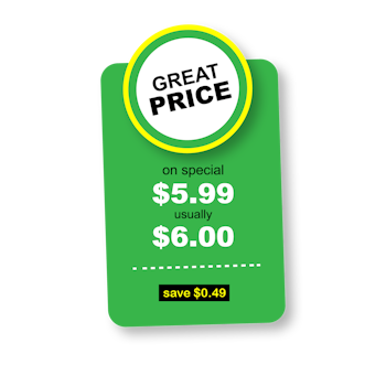 Green price label with misleading pricing.