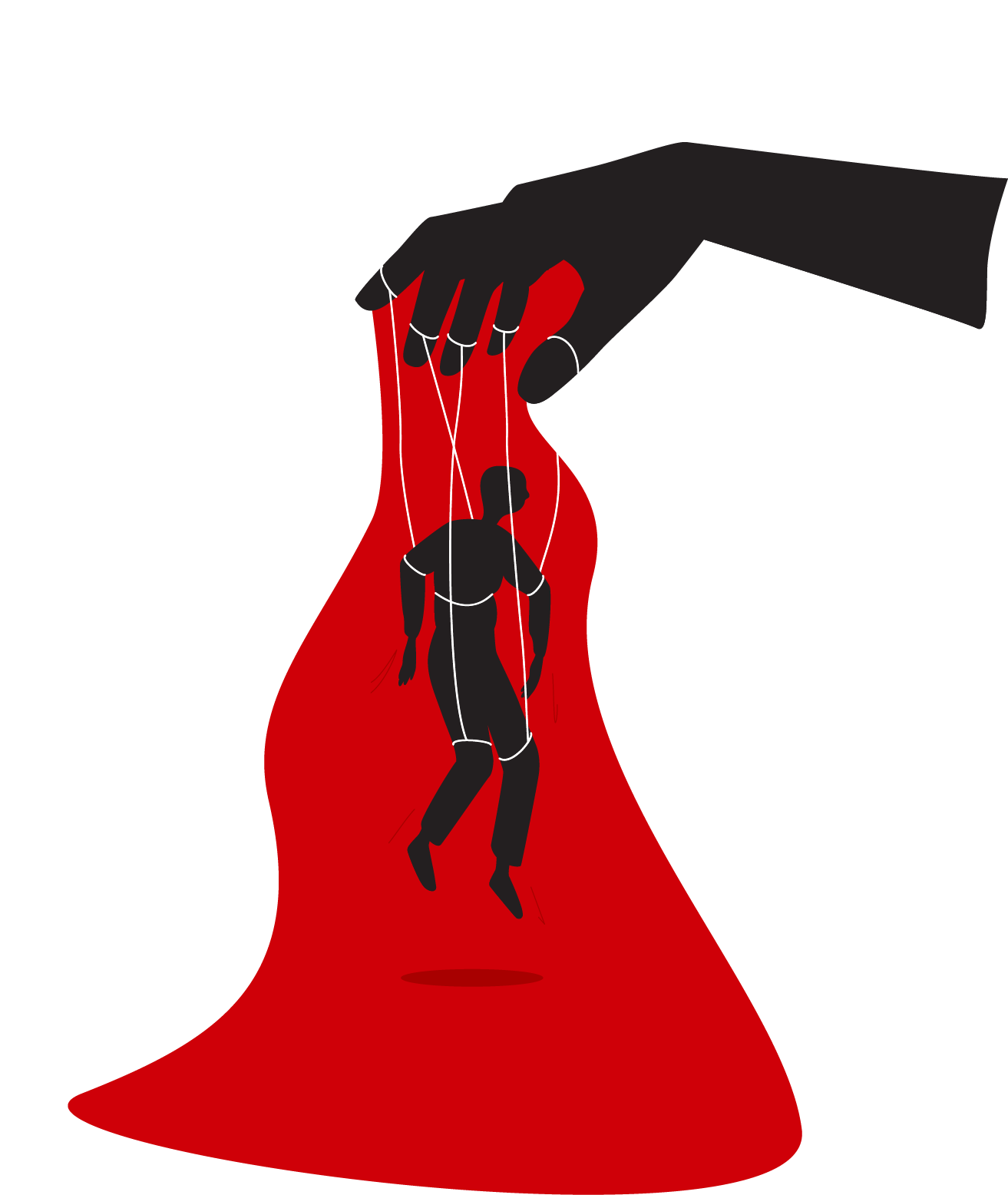 Graphic illustration of an enormous hand puppeting a person.