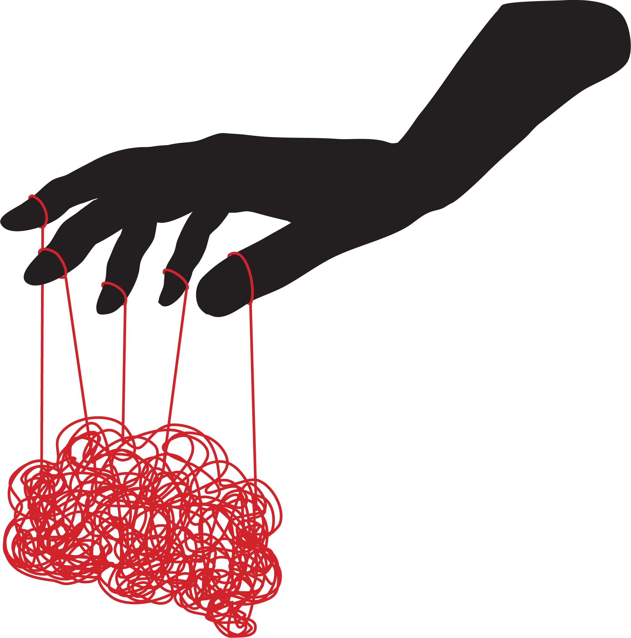 Graphic illustration of a hand with strings attached to fingers.
