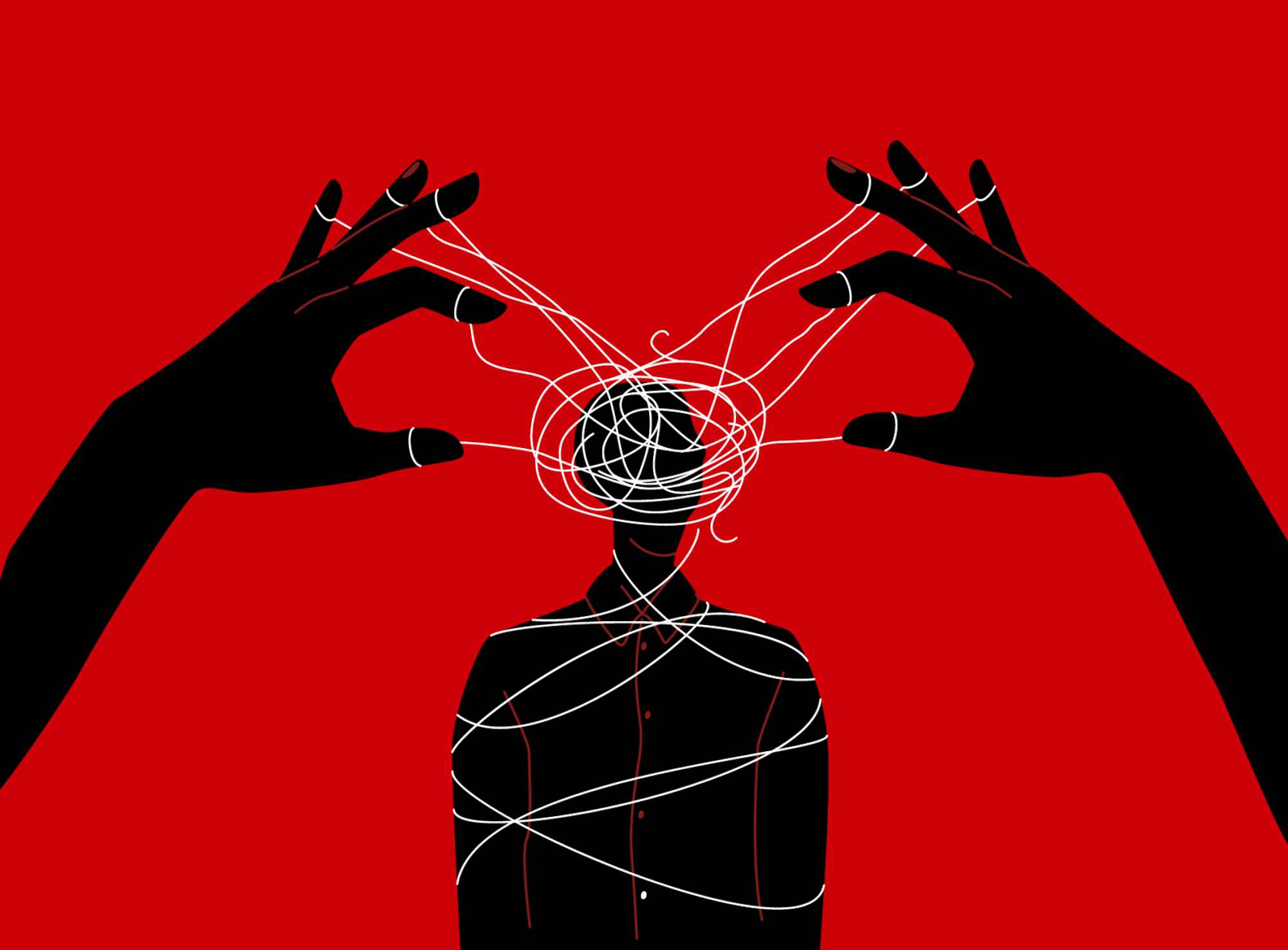 Graphic of hands tangling up a person in string on a red background.