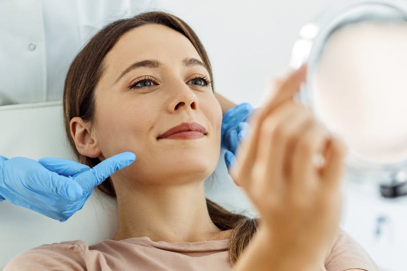Woman looking at her face with a nurse behind her