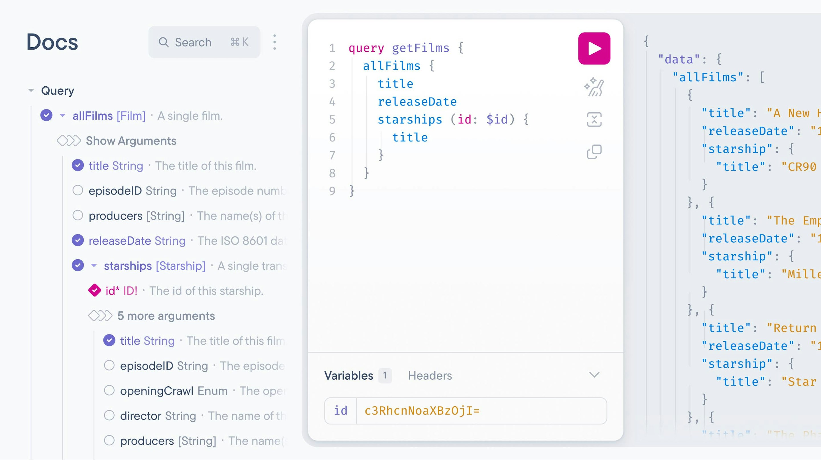 The reworked docs panel beside the query editor