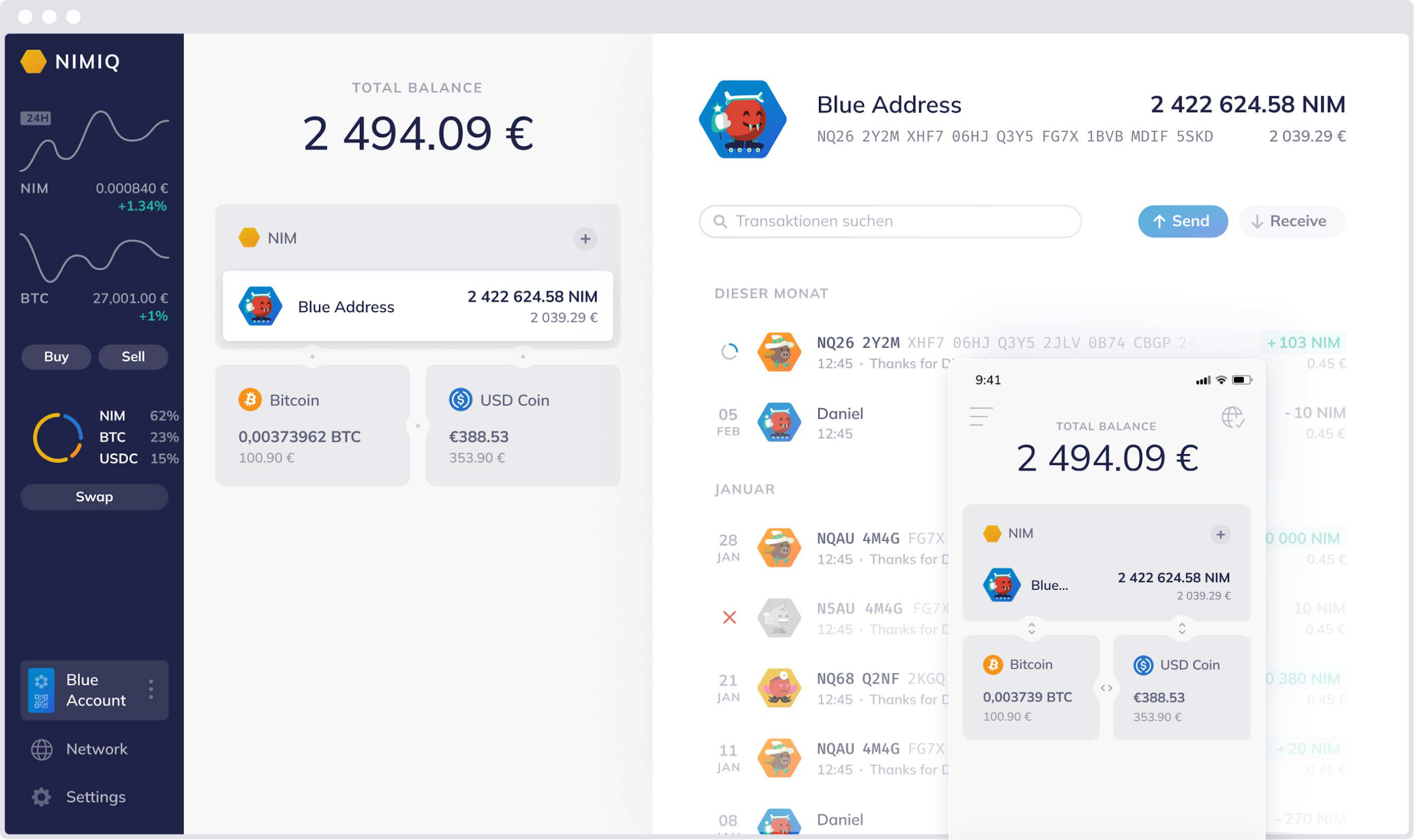 The full Nimiq wallet interface