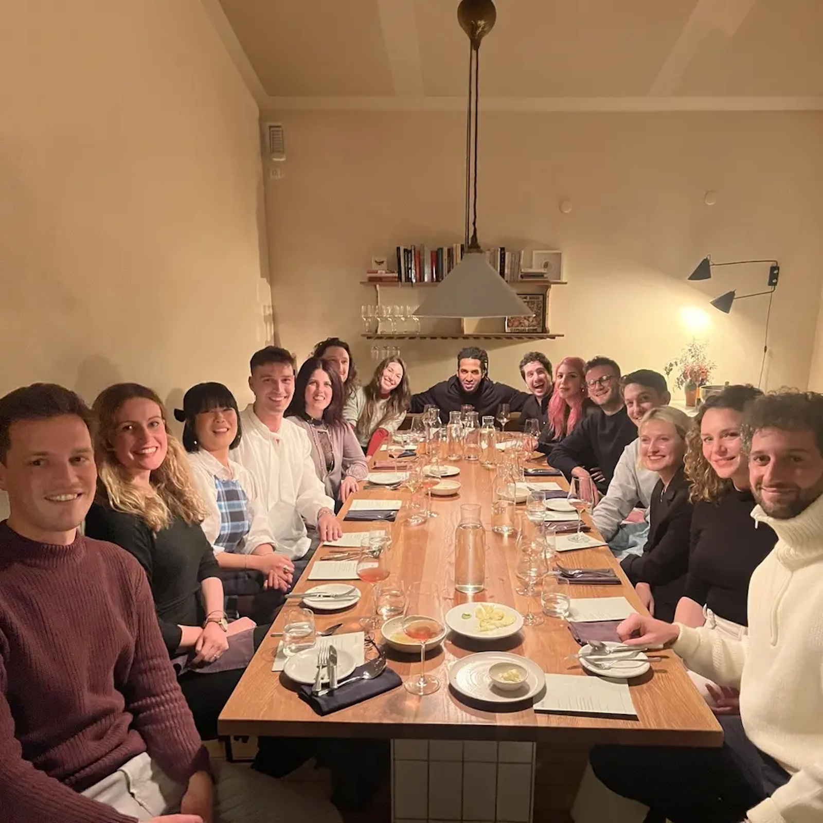 Team dinner at a long table