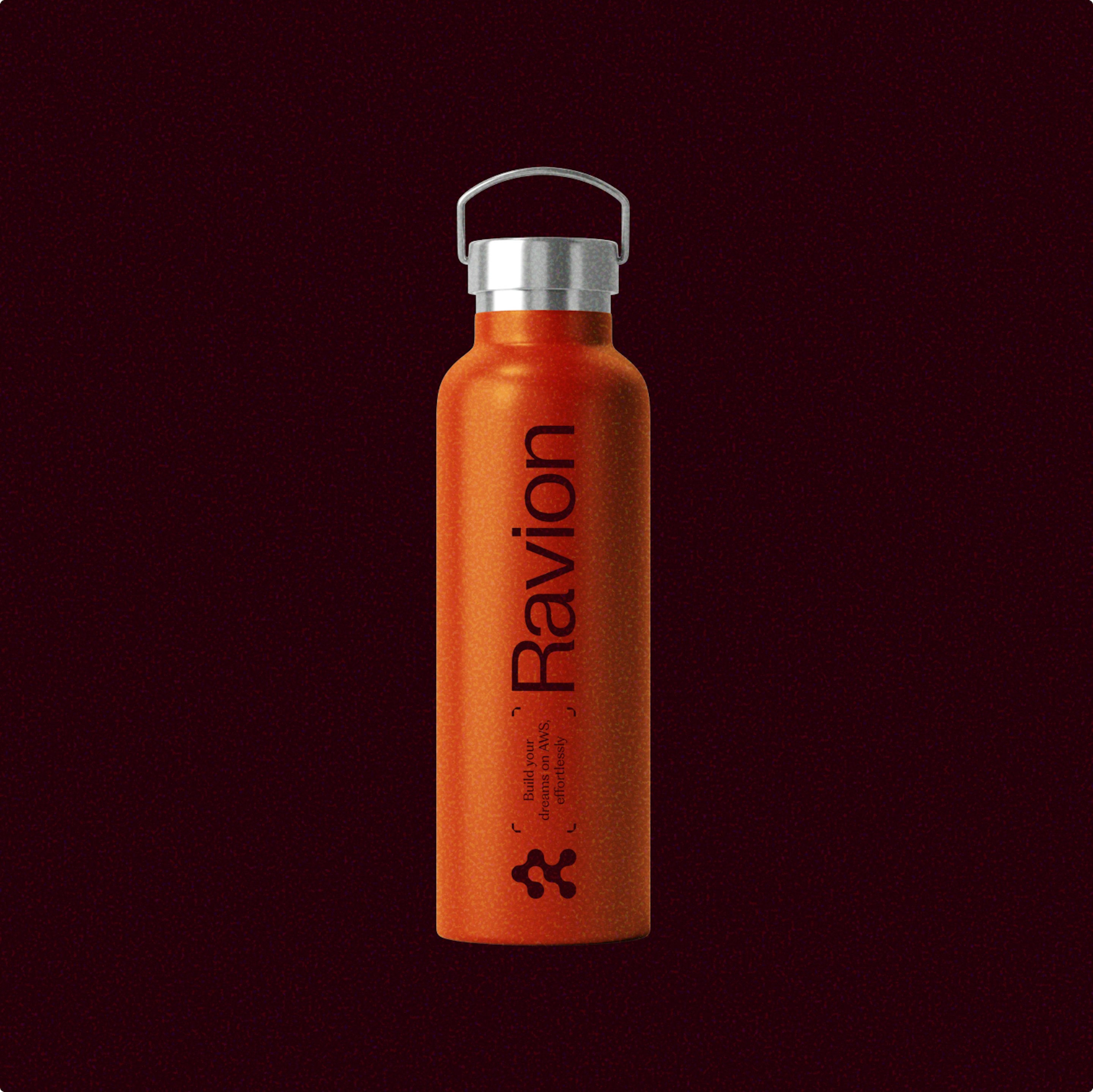 Ravion-branded water bottle on a burgundy background