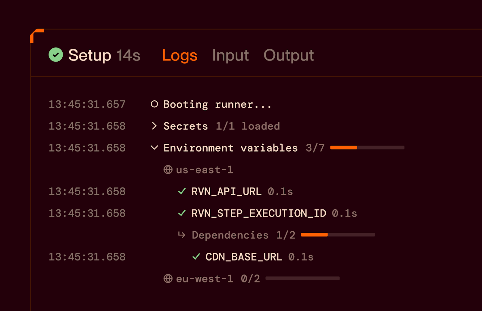 Ravion product UI showing the setup logs view with environment variables loading across regions