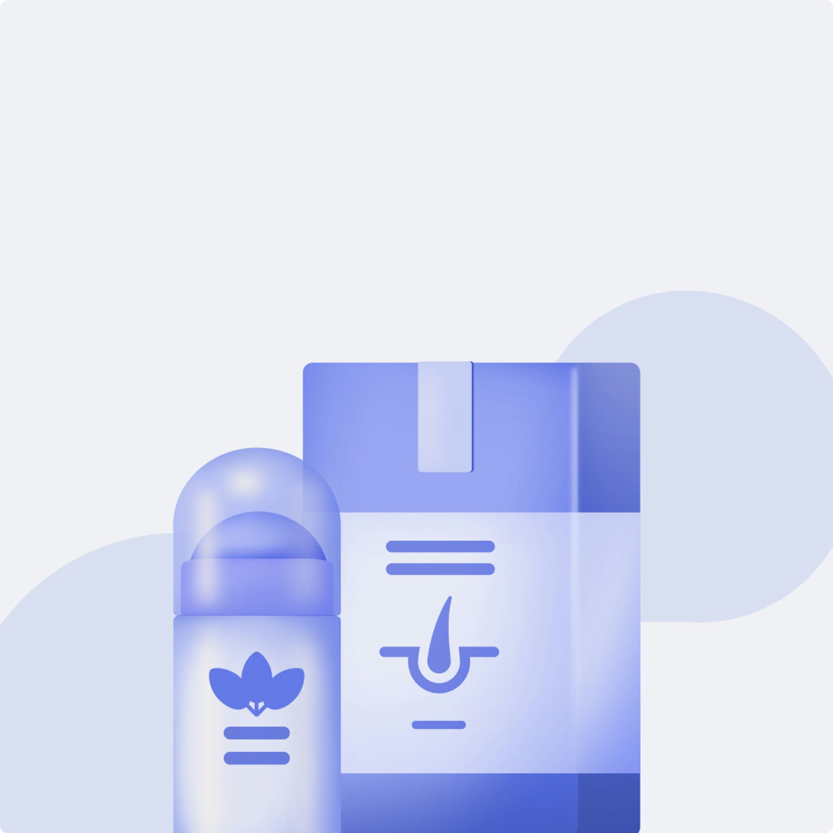 Puls category illustration on an indigo background: 3D-rendered roll-on deodorant with a leaf icon and a carton with a hair icon, for deodorant and hair care.