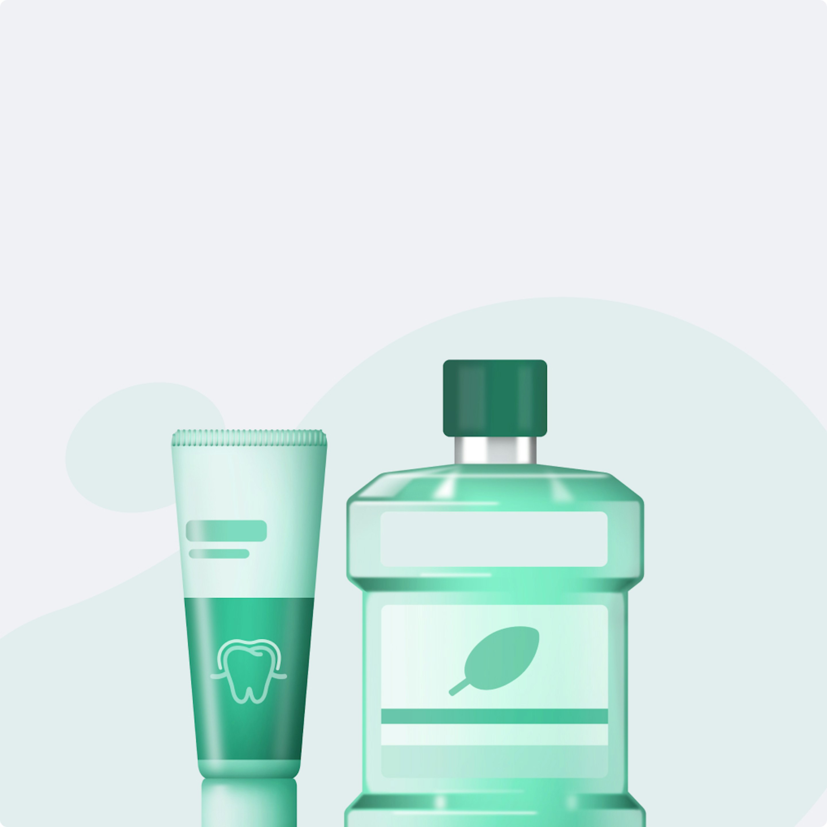 Puls category illustration on a green background: 3D-rendered toothpaste tube and mouthwash bottle, for dental and oral care.