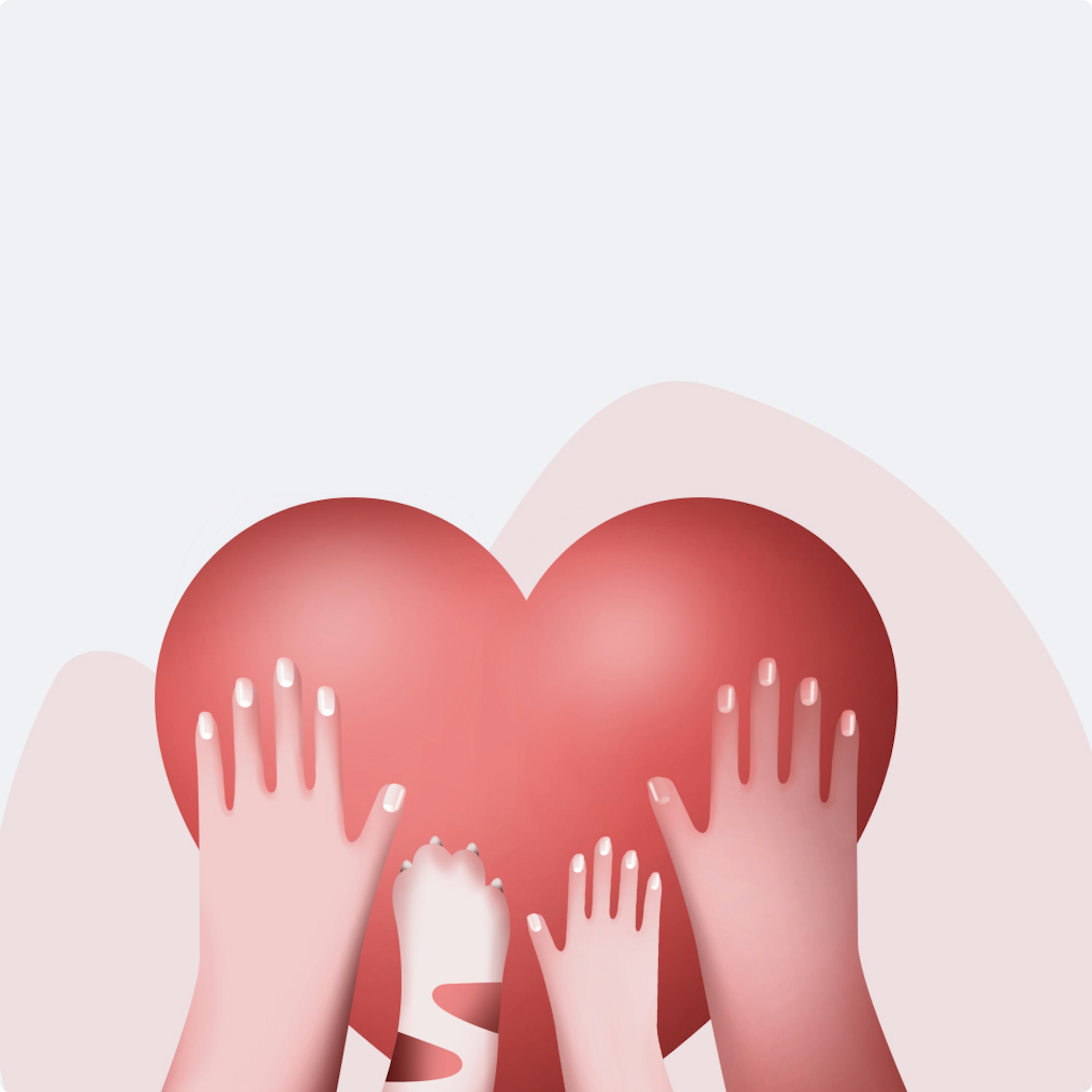 Puls category illustration on a red background: 3D-rendered heart held in hands with a pet paw, for family and pet care.
