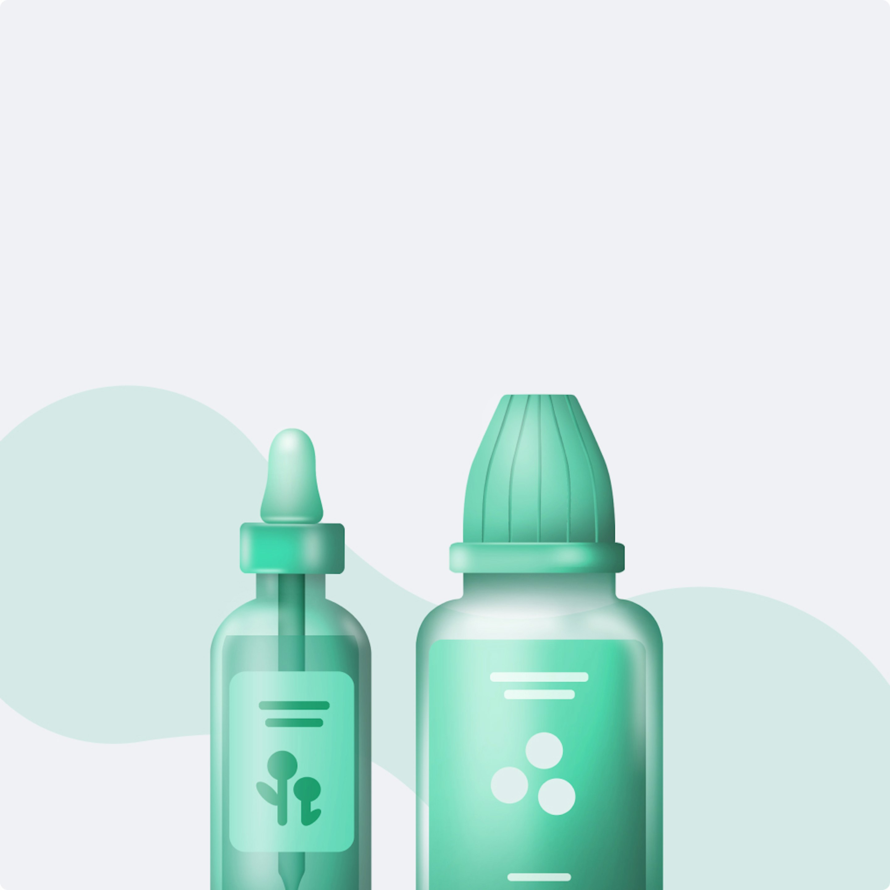 Puls category illustration on a mint green background: 3D-rendered dropper bottle and spray bottle with plant icons, for herbal drops and sprays.