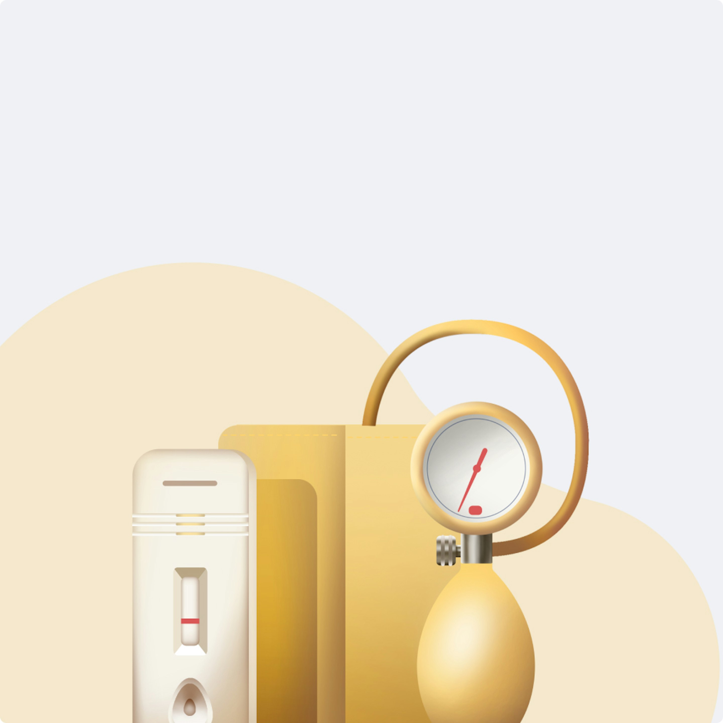 Puls category illustration on a yellow background: 3D-rendered rapid test cassette showing a result line beside a blood-pressure monitor bulb and gauge, for tests and measuring devices.