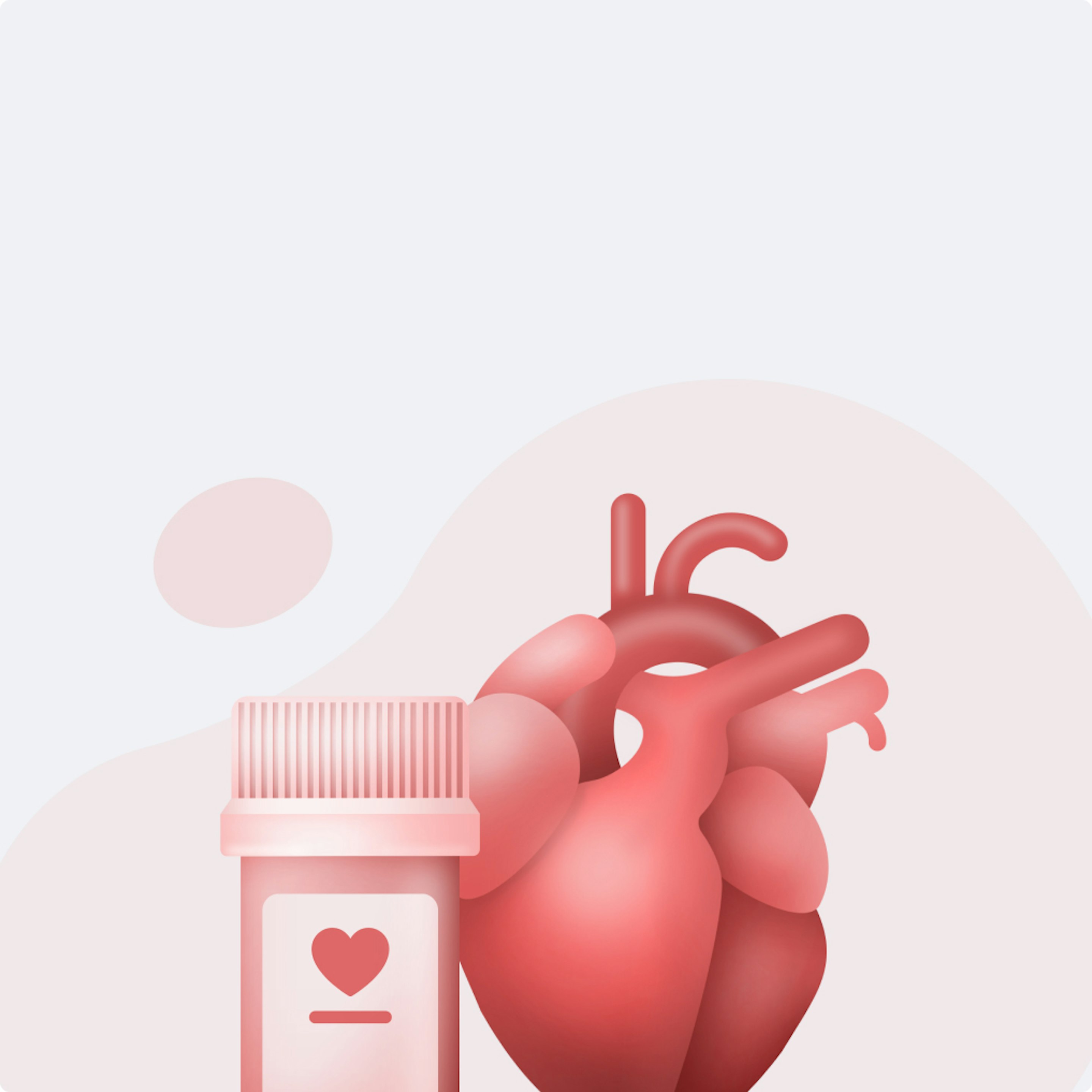Puls category illustration on a pink background: 3D-rendered pill bottle with a heart icon beside an anatomical heart, for heart and circulation.