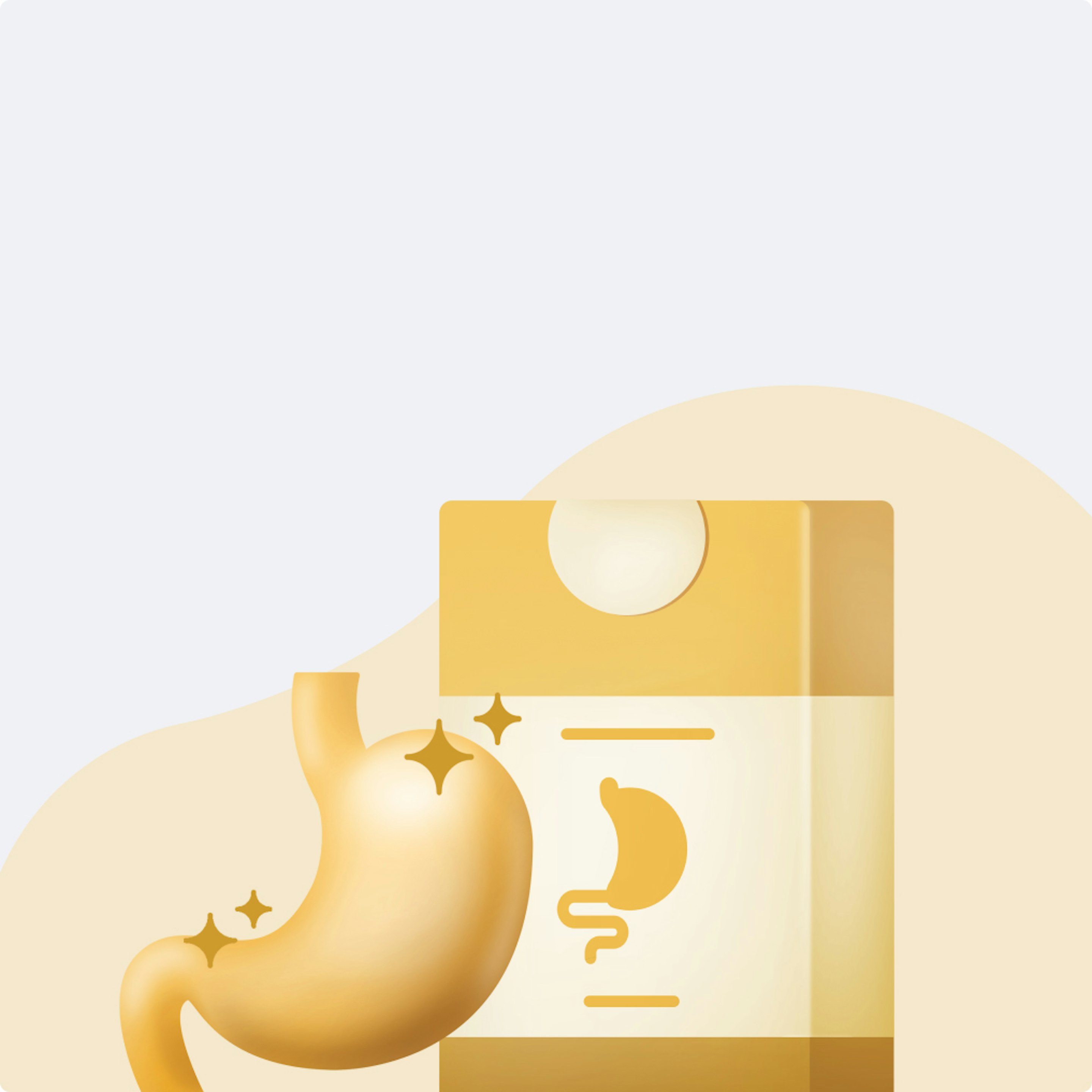 Puls category illustration on a yellow background: 3D-rendered stomach illustration with a medicine carton, for stomach and digestion remedies.