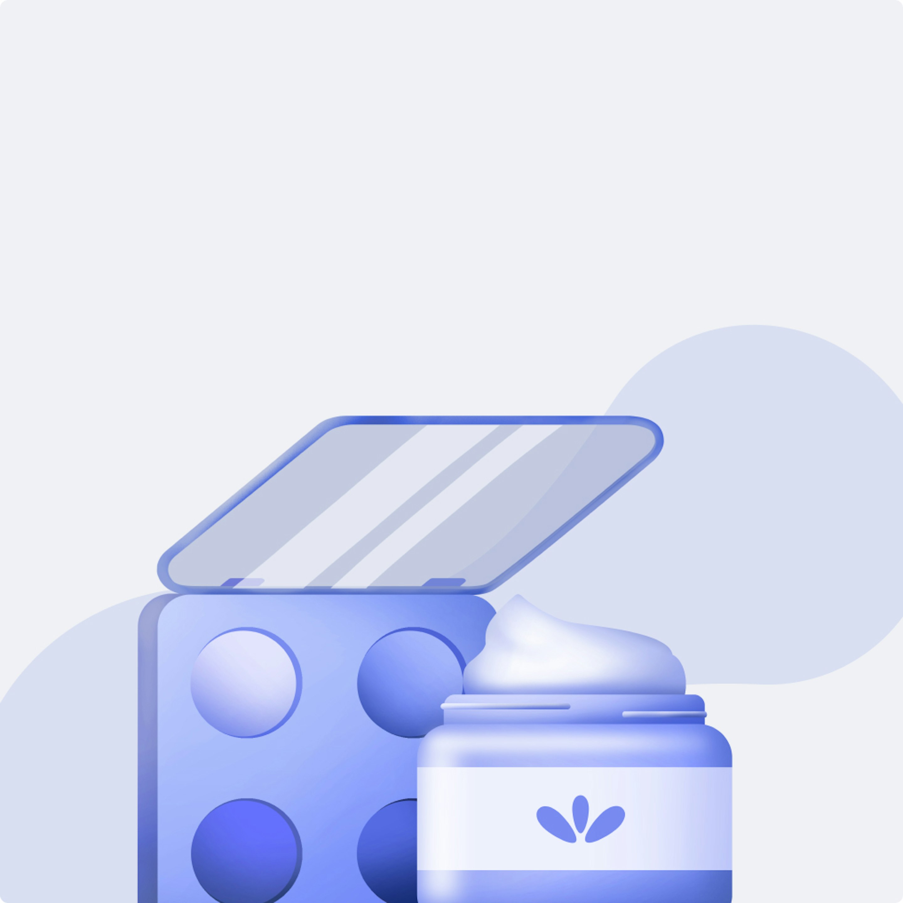 Puls category illustration on a light blue background: 3D-rendered jar of ointment with an open tin and a blister pack, for skin care.