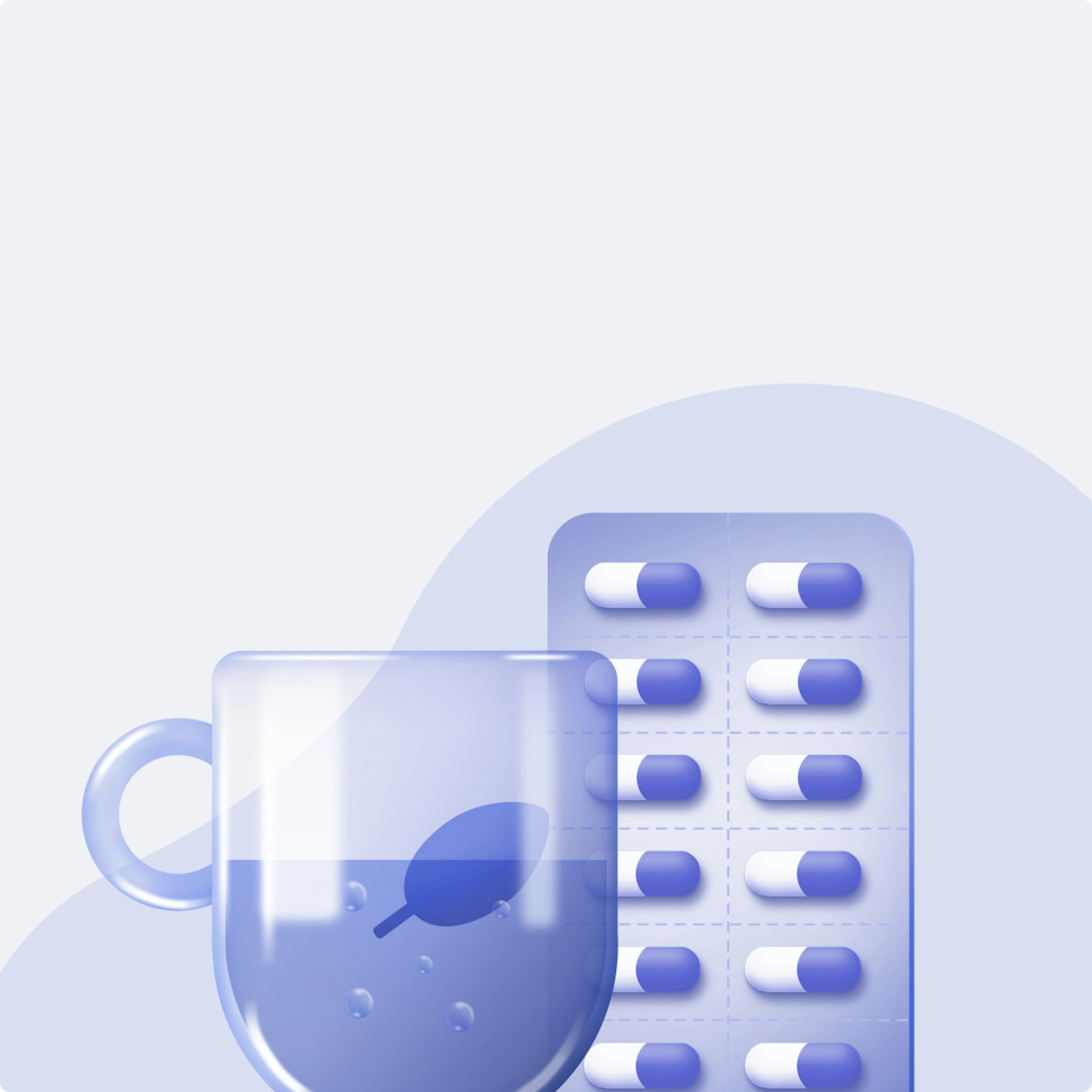 Puls category illustration on a blue background: 3D-rendered cup of herbal tea with a capsule blister pack, for cold and flu remedies.