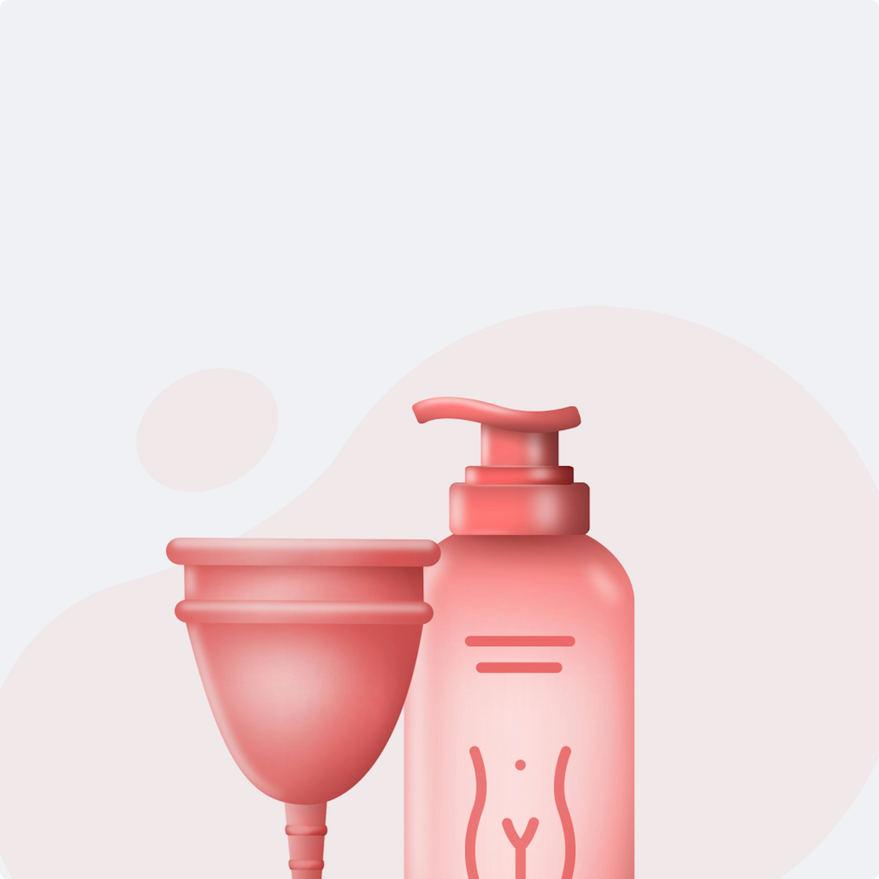 Puls category illustration on a pink background: 3D-rendered menstrual cup and pump bottle, for intimate and period care.