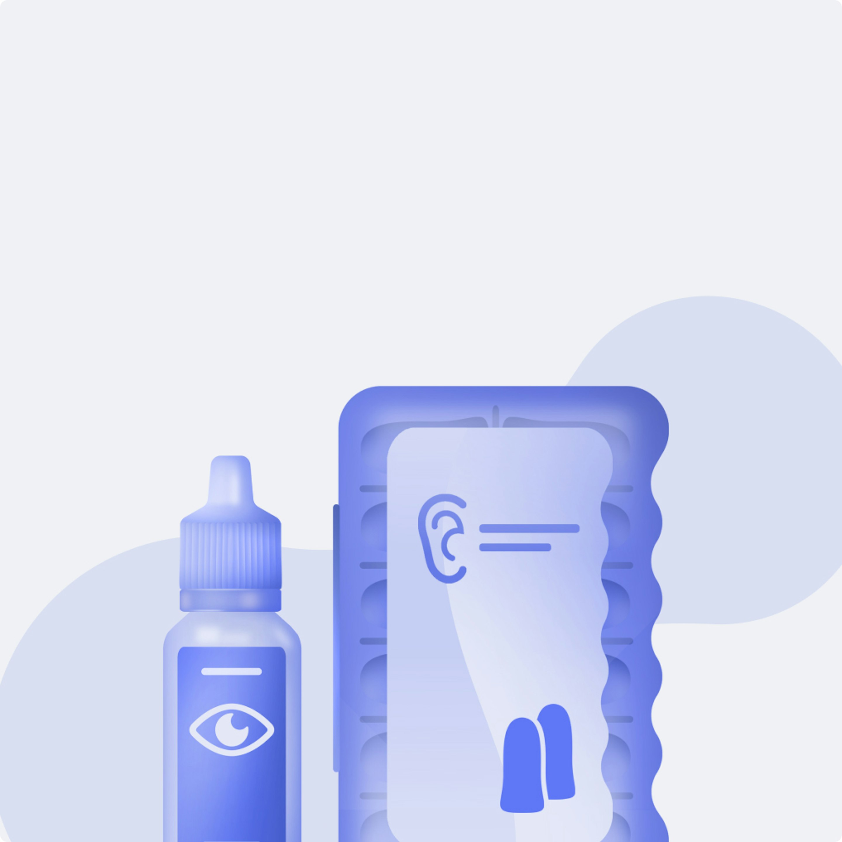 Puls category illustration on a blue background: 3D-rendered eye-drop bottle and a blister pack of earplugs, for eye and ear care.