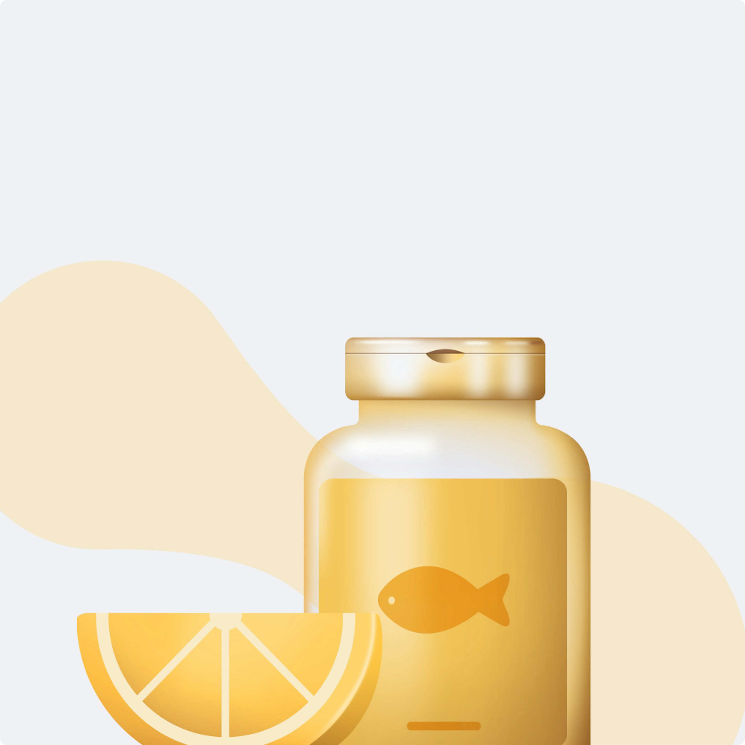 Puls category illustration on a yellow background: 3D-rendered supplement bottle with a fish-oil icon beside a lemon slice, for vitamins and supplements.