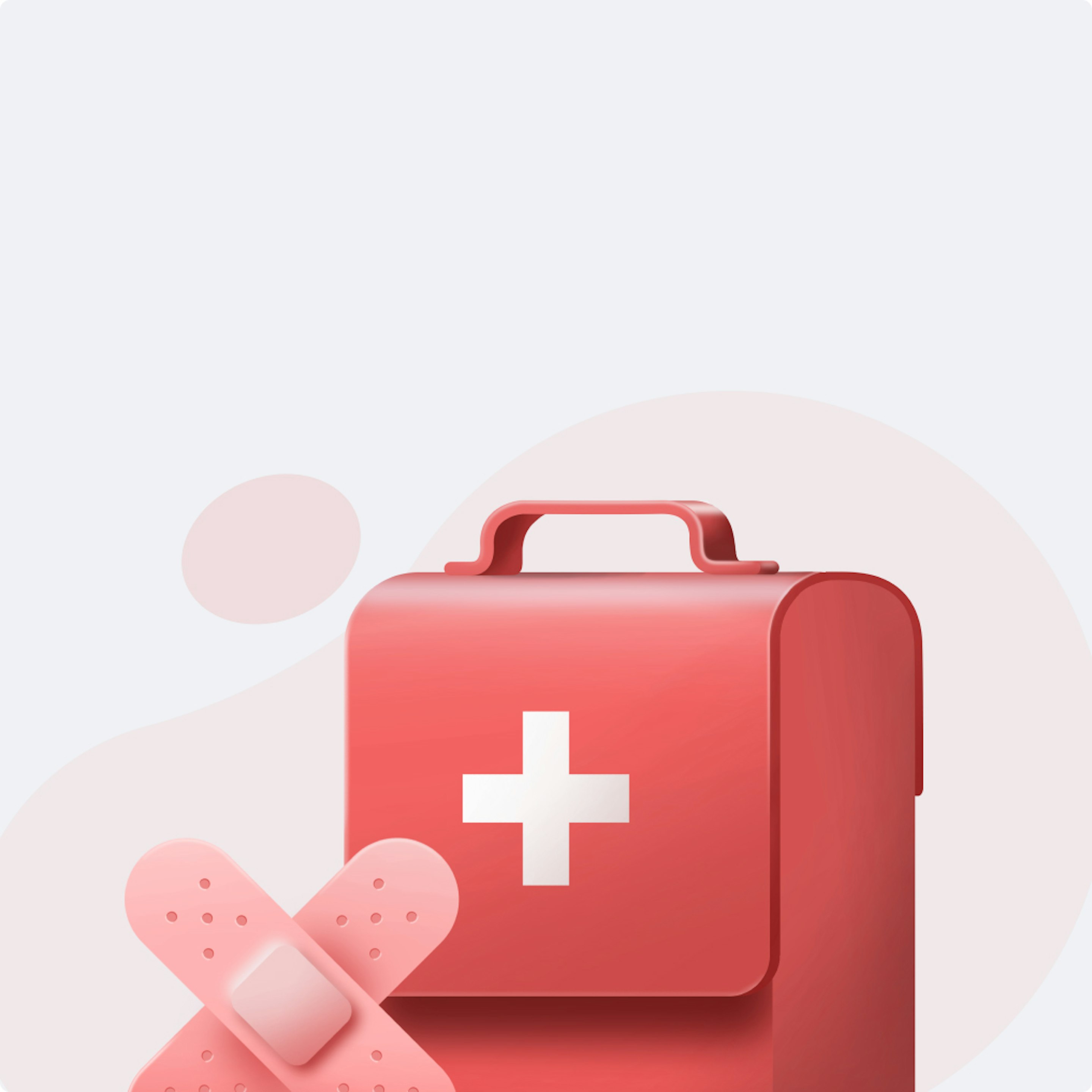 Puls category illustration on a red background: 3D-rendered first-aid supplies with a box of plasters and a rolled bandage.