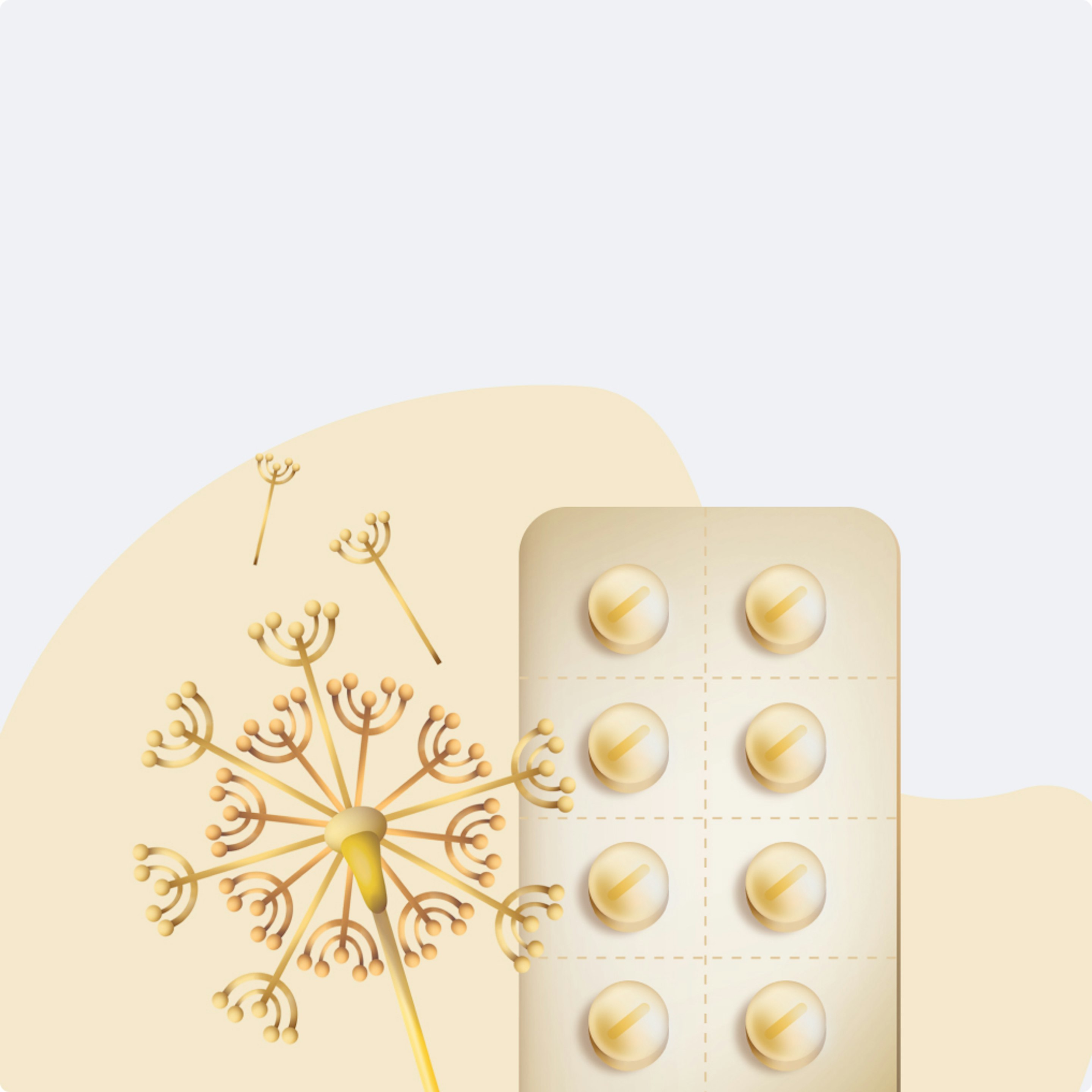 Puls category illustration on a yellow background: 3D-rendered flowering herb beside a blister pack of tablets, for allergy and hay-fever remedies.