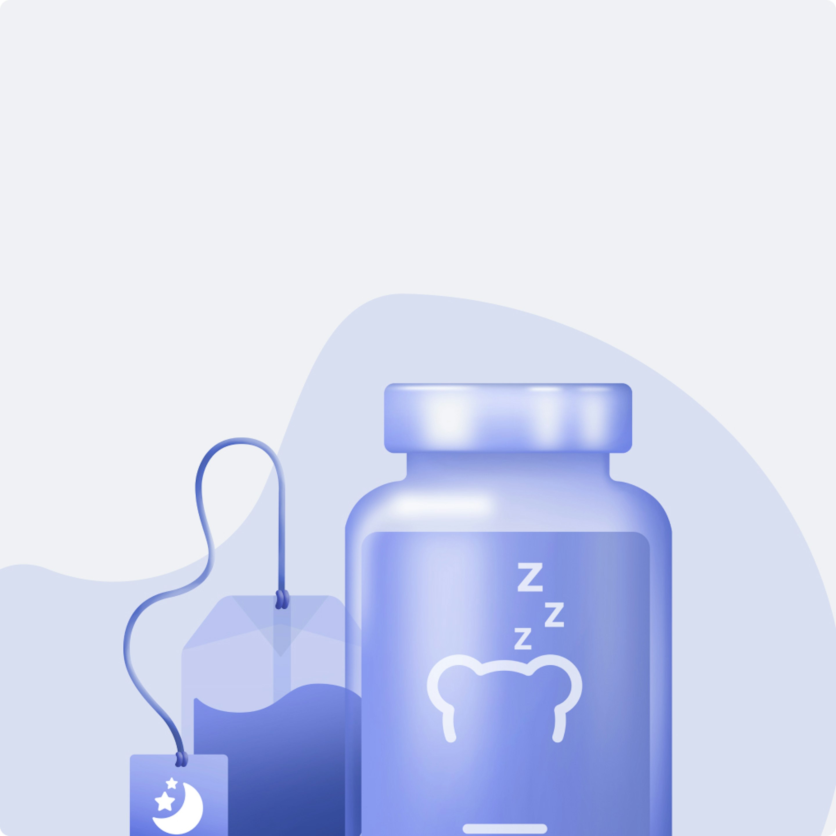Puls category illustration on an indigo background: 3D-rendered supplement bottle marked with Zzz and a tea bag with a moon-and-stars tag, for sleep aids.