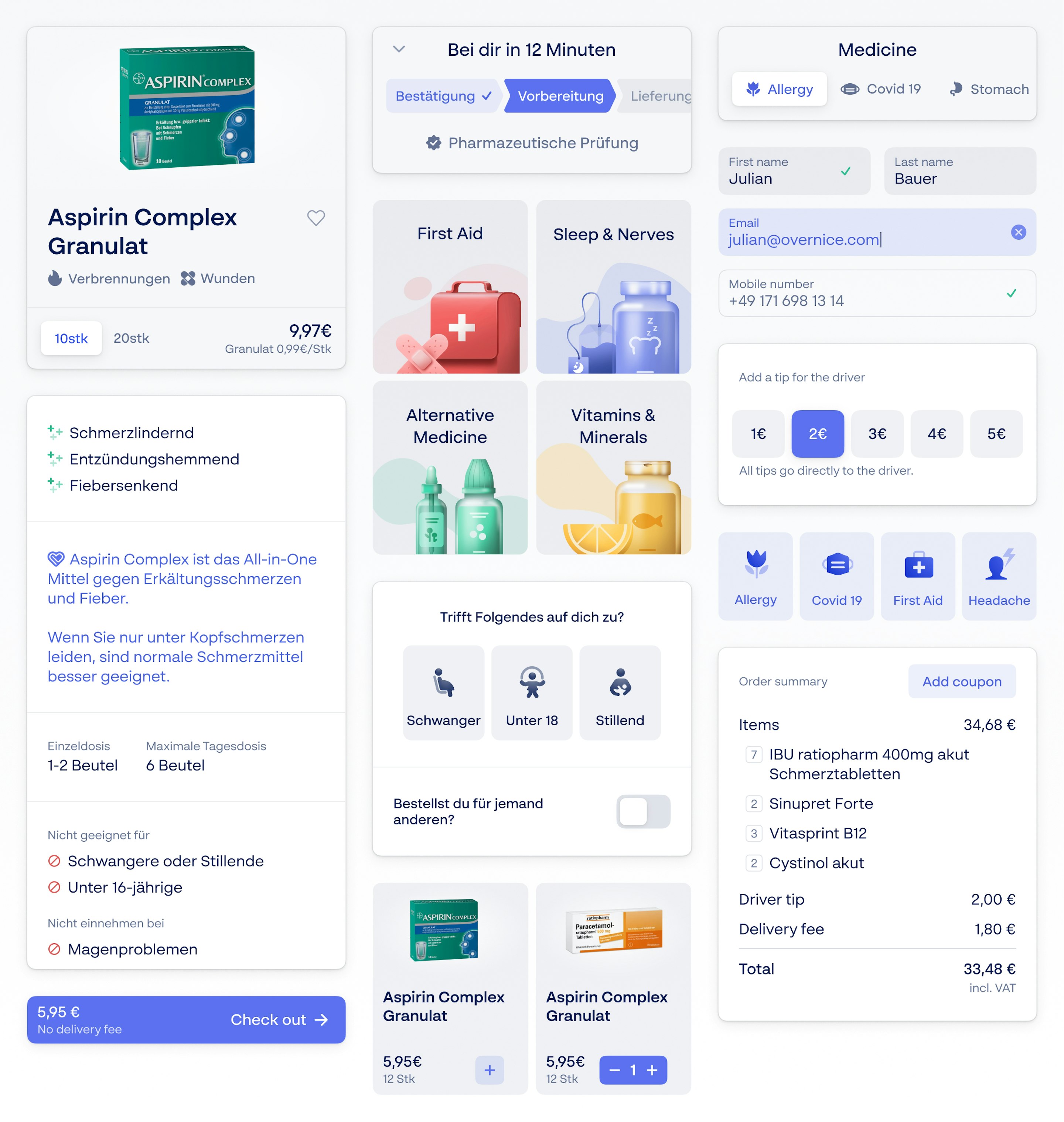 Overview sheet of the Puls app design system on an off-white background, showing product cards, order-tracking steps, category tiles, form fields, tip selector and order summary components.