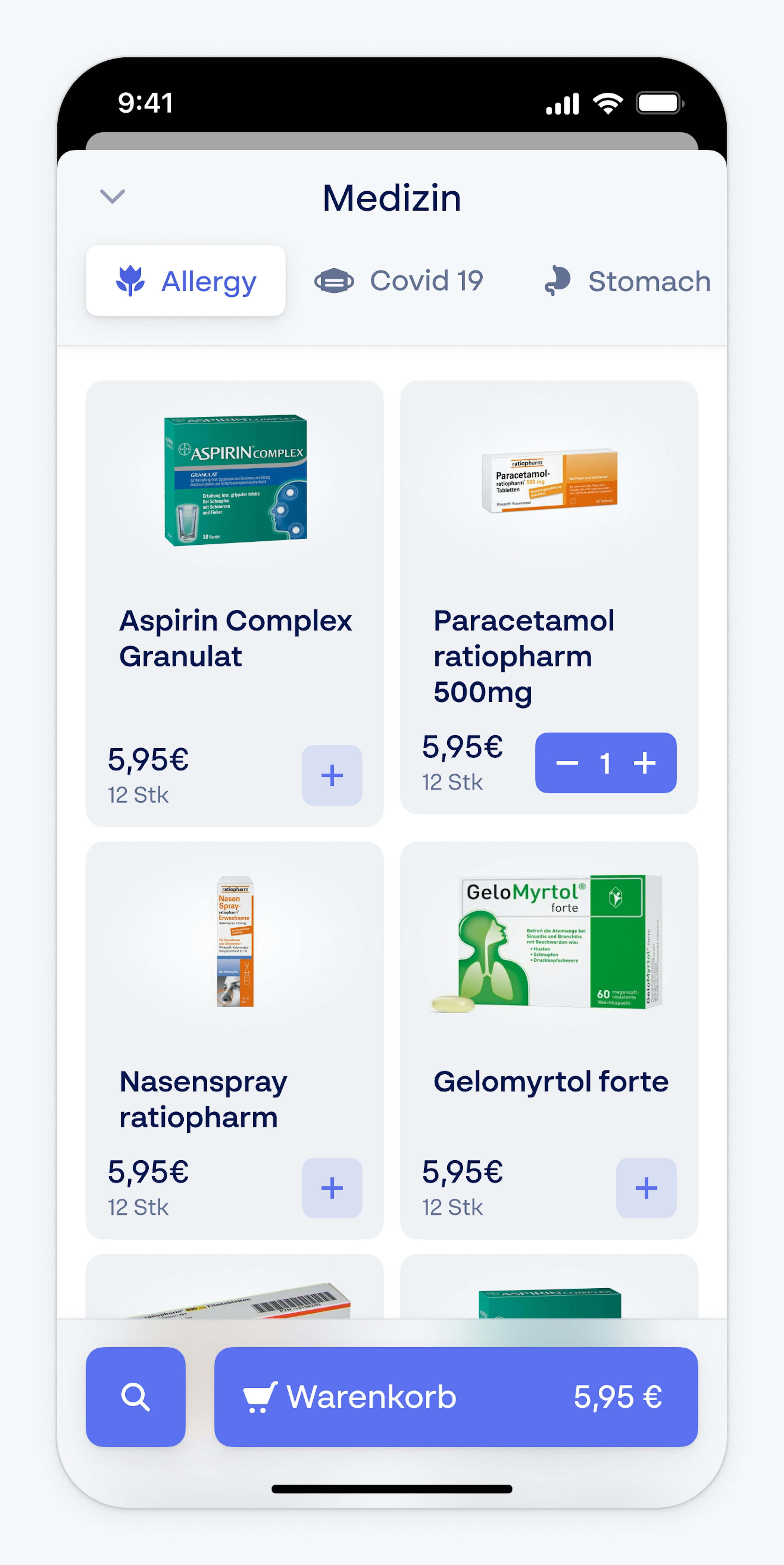 Puls app medicine category screen with a product grid of items such as Aspirin Complex Granulat, Paracetamol ratiopharm and Nasenspray ratiopharm, showing prices and a blue cart bar.