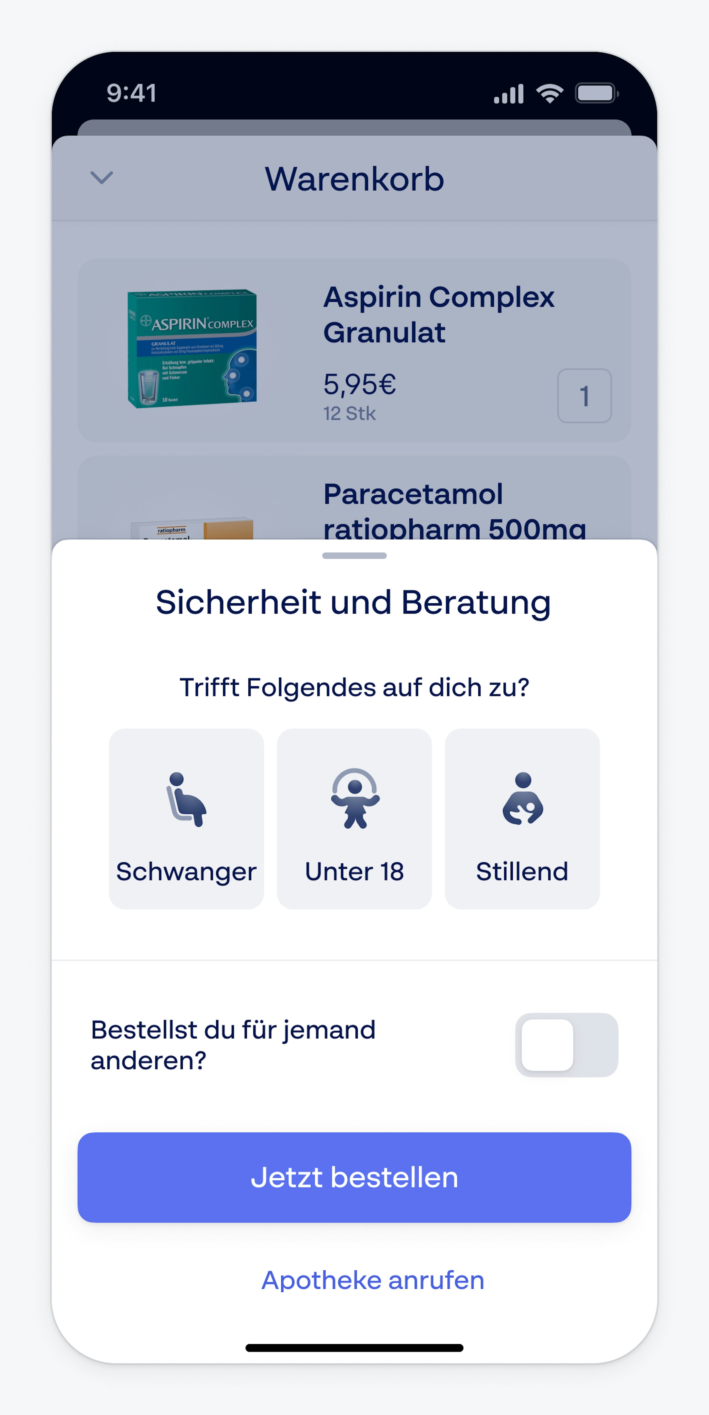 Puls app cart screen with the 'Sicherheit und Beratung' bottom sheet asking about pregnancy, age and breastfeeding before placing the order.