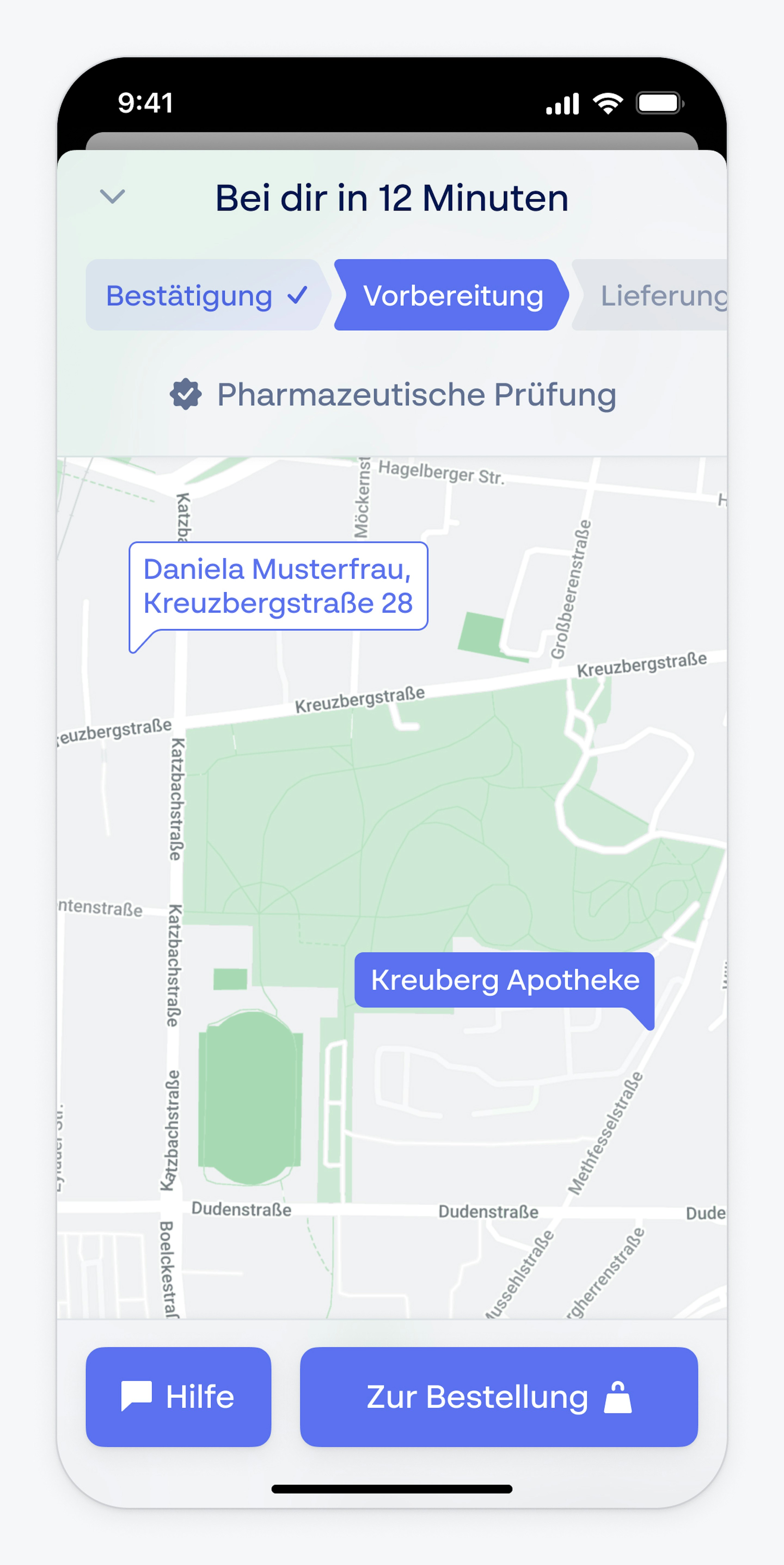 Puls app order tracking screen reading 'Bei dir in 12 Minuten' with confirmation, preparation and delivery steps and a map of the courier route.