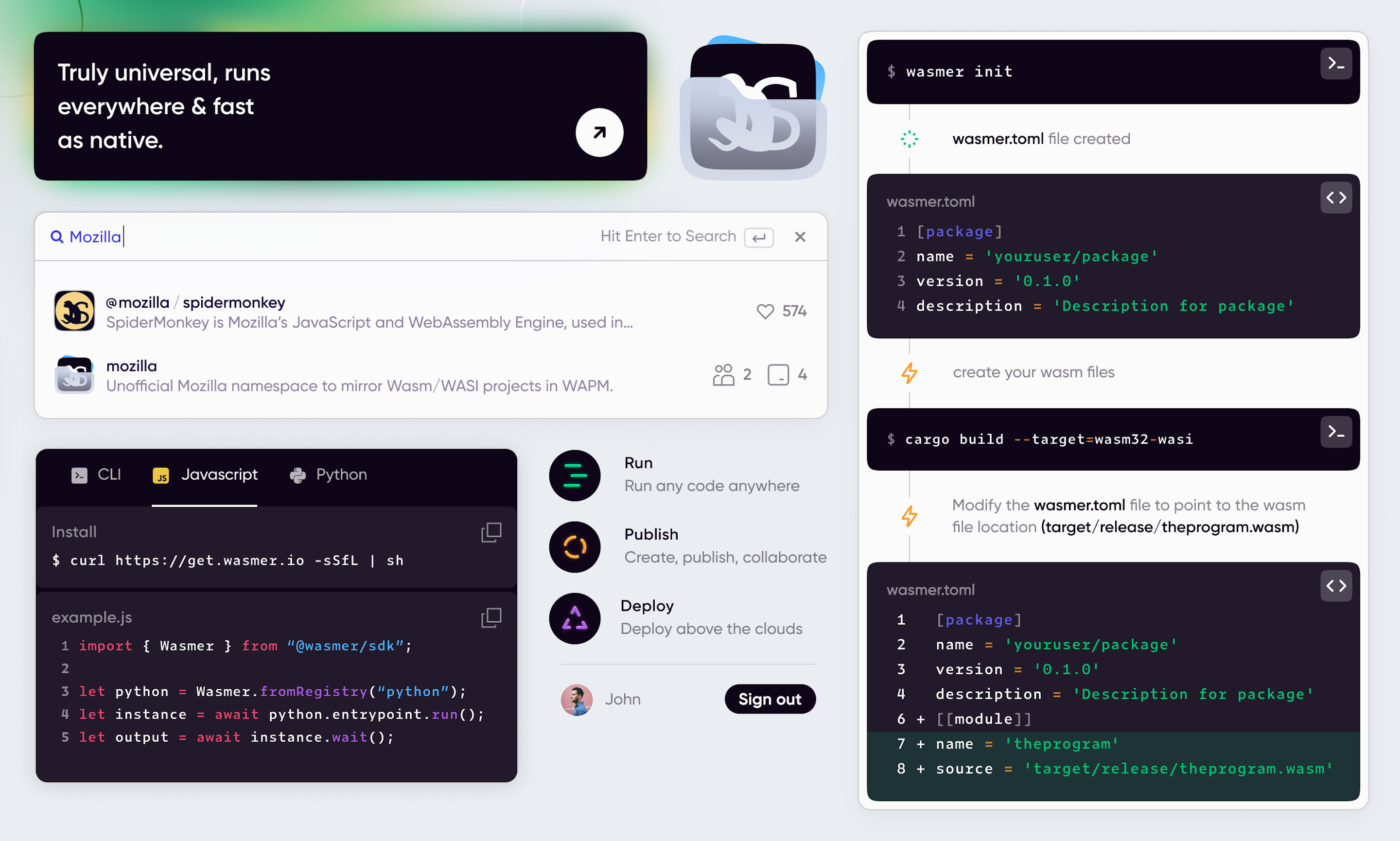 Grid of Wasmer product interface screens showing package search, install commands, publish and deploy features, and the wasmer.toml getting started guide