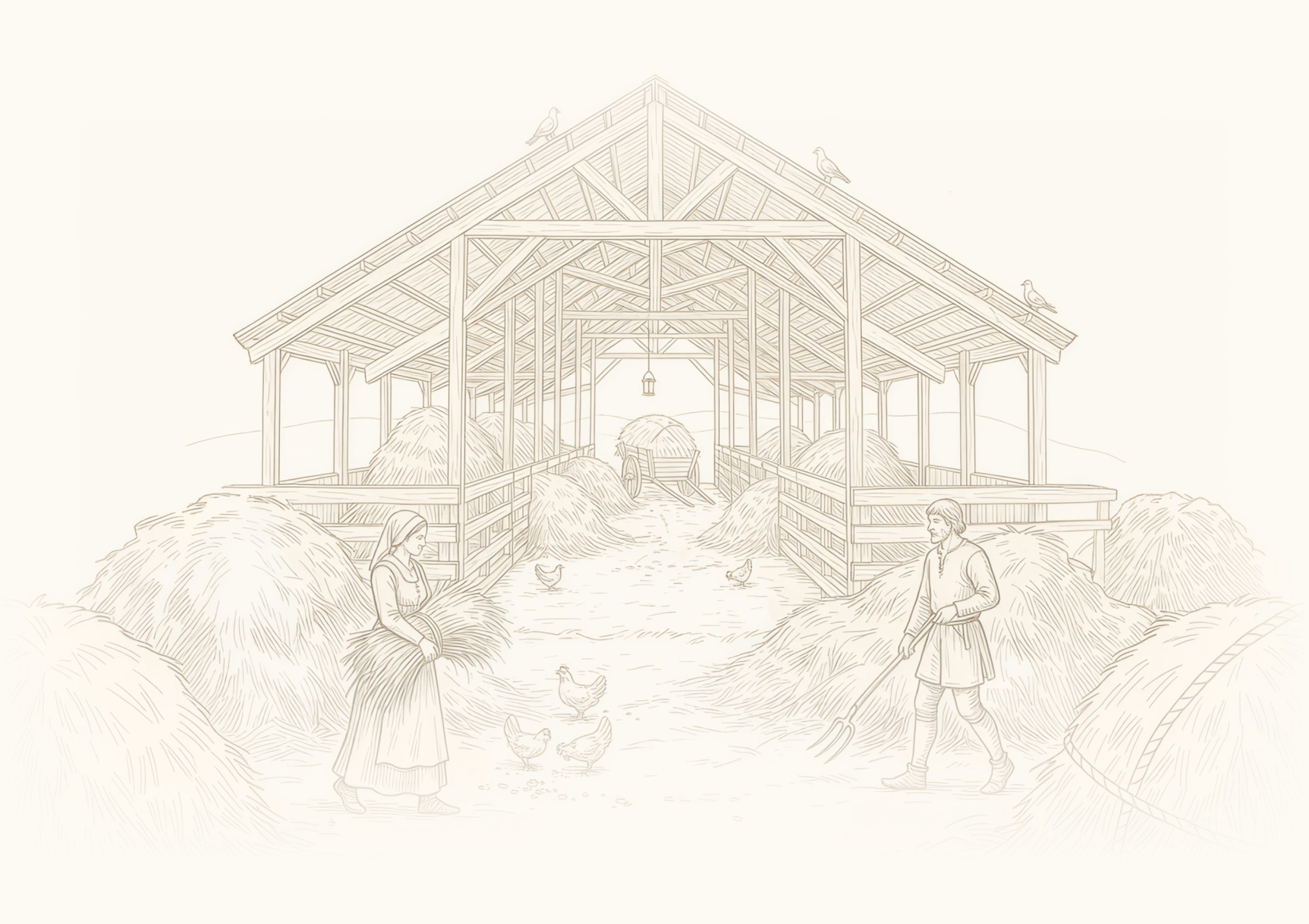 Sepia line illustration of an open timber-frame barn with haystacks, a farmer with a pitchfork, a woman carrying hay and chickens