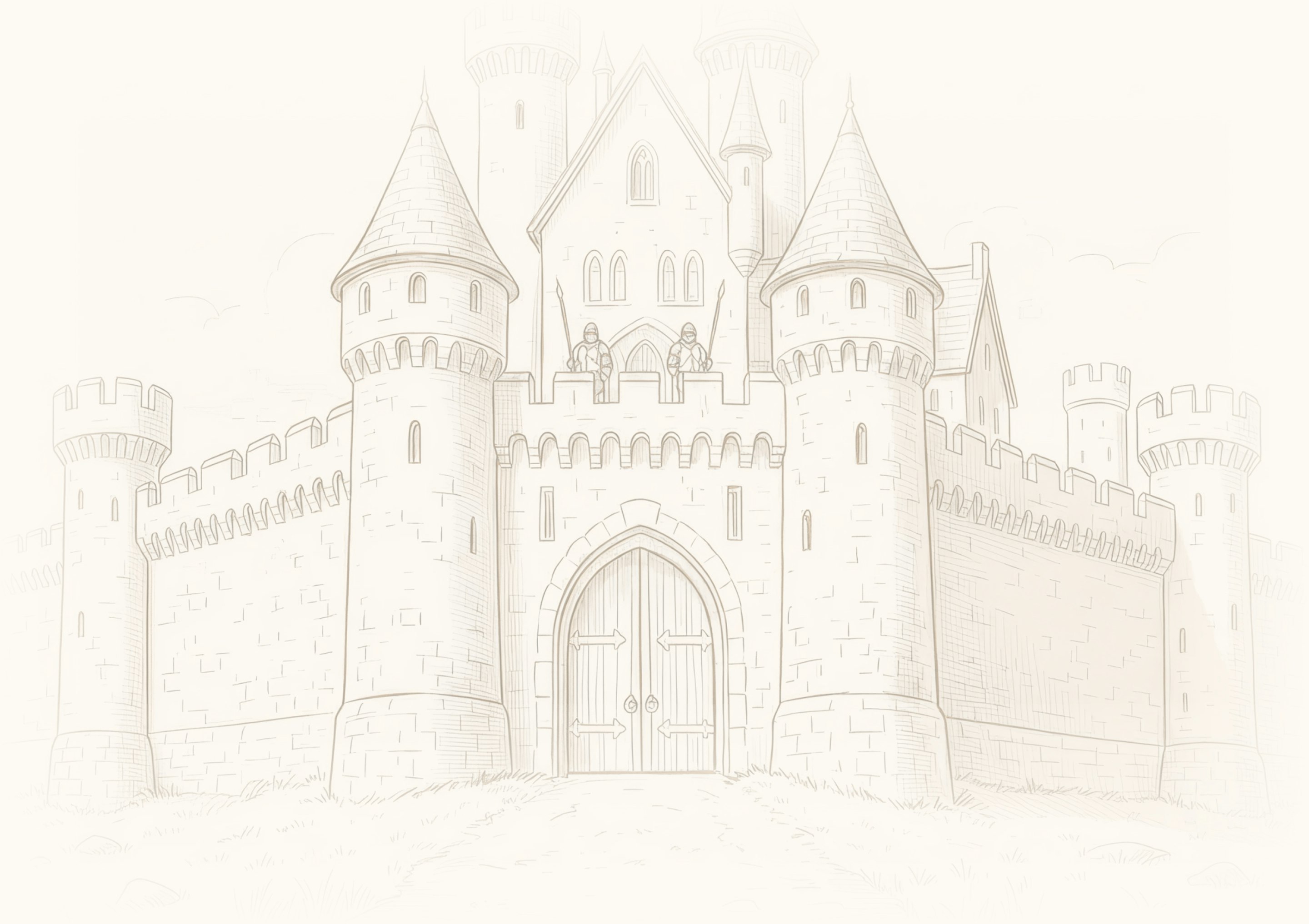 Sepia line illustration of a fortified castle gatehouse with round towers, battlements and two guards above the arched wooden gate