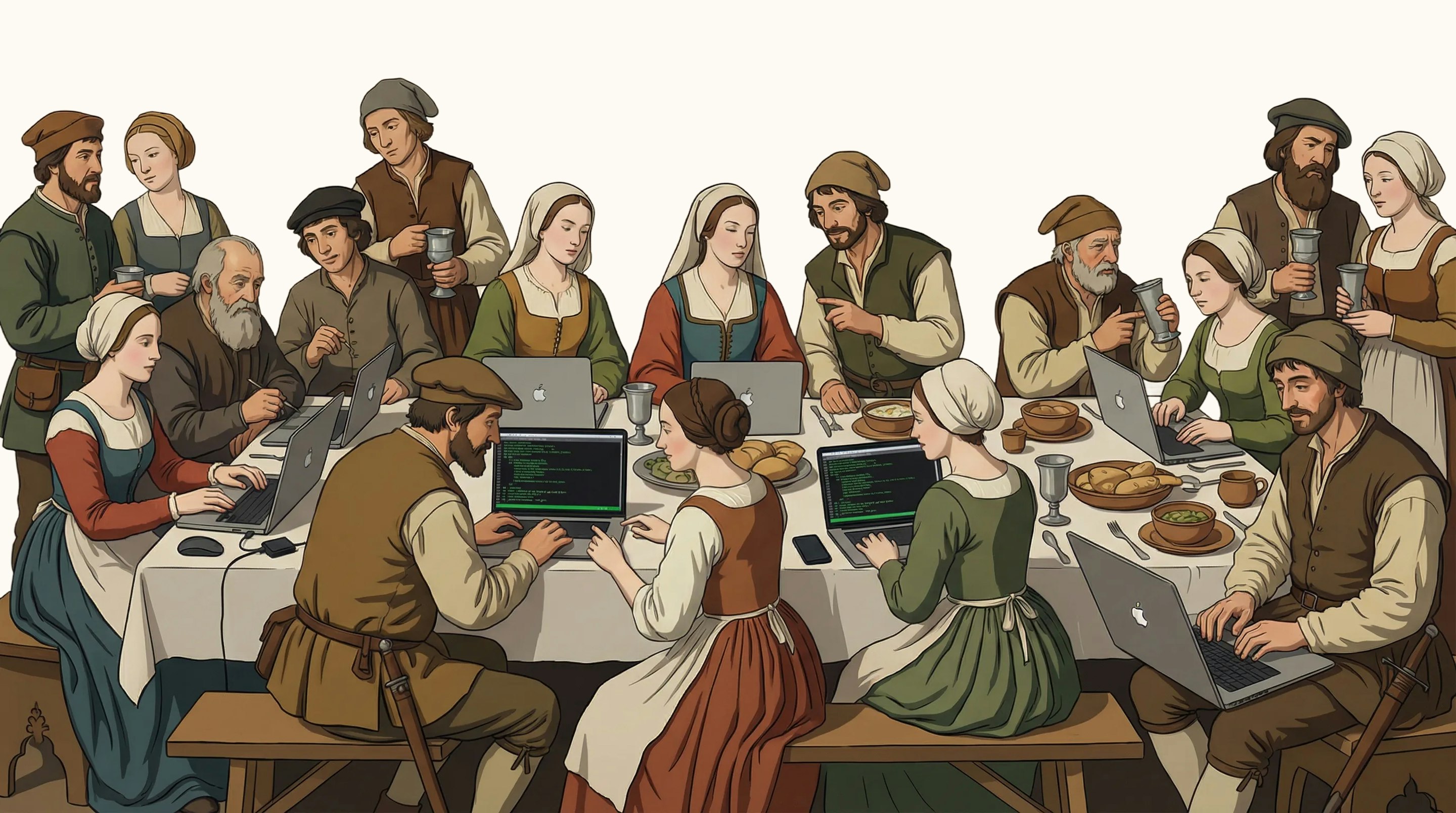 Illustration of medieval villagers gathered around a long banquet table working on laptops showing code