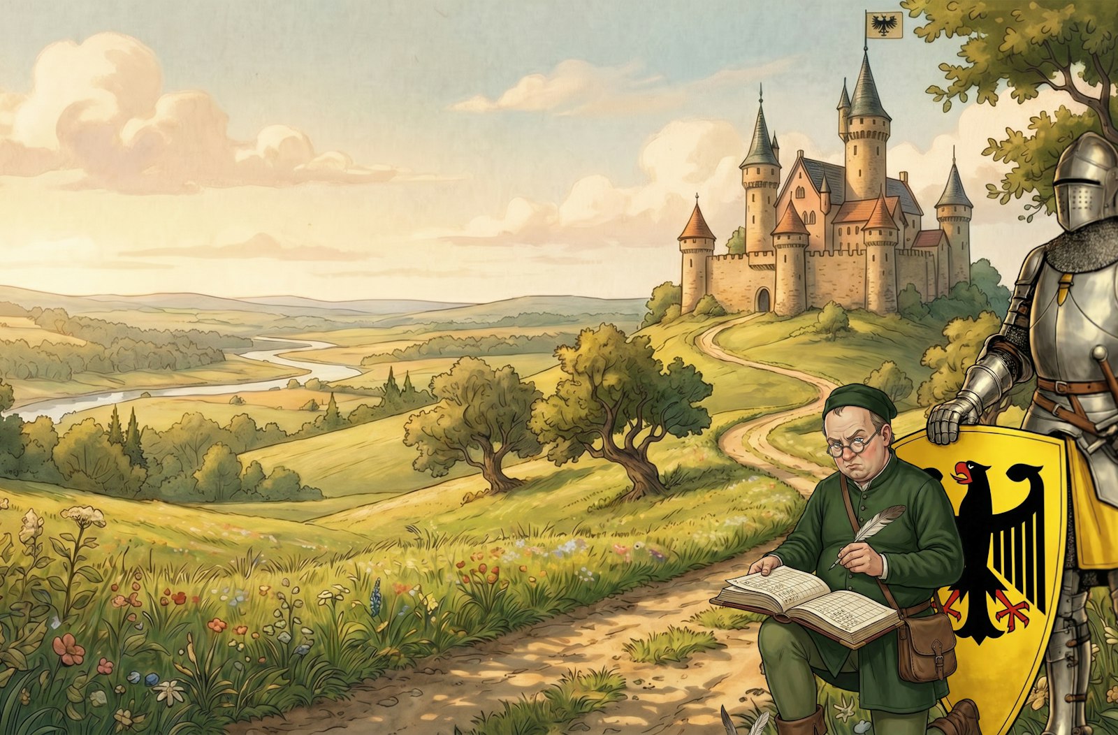 Illustrated green river valley with a hilltop castle, a knight with a German federal eagle shield and a clerk writing in a ledger