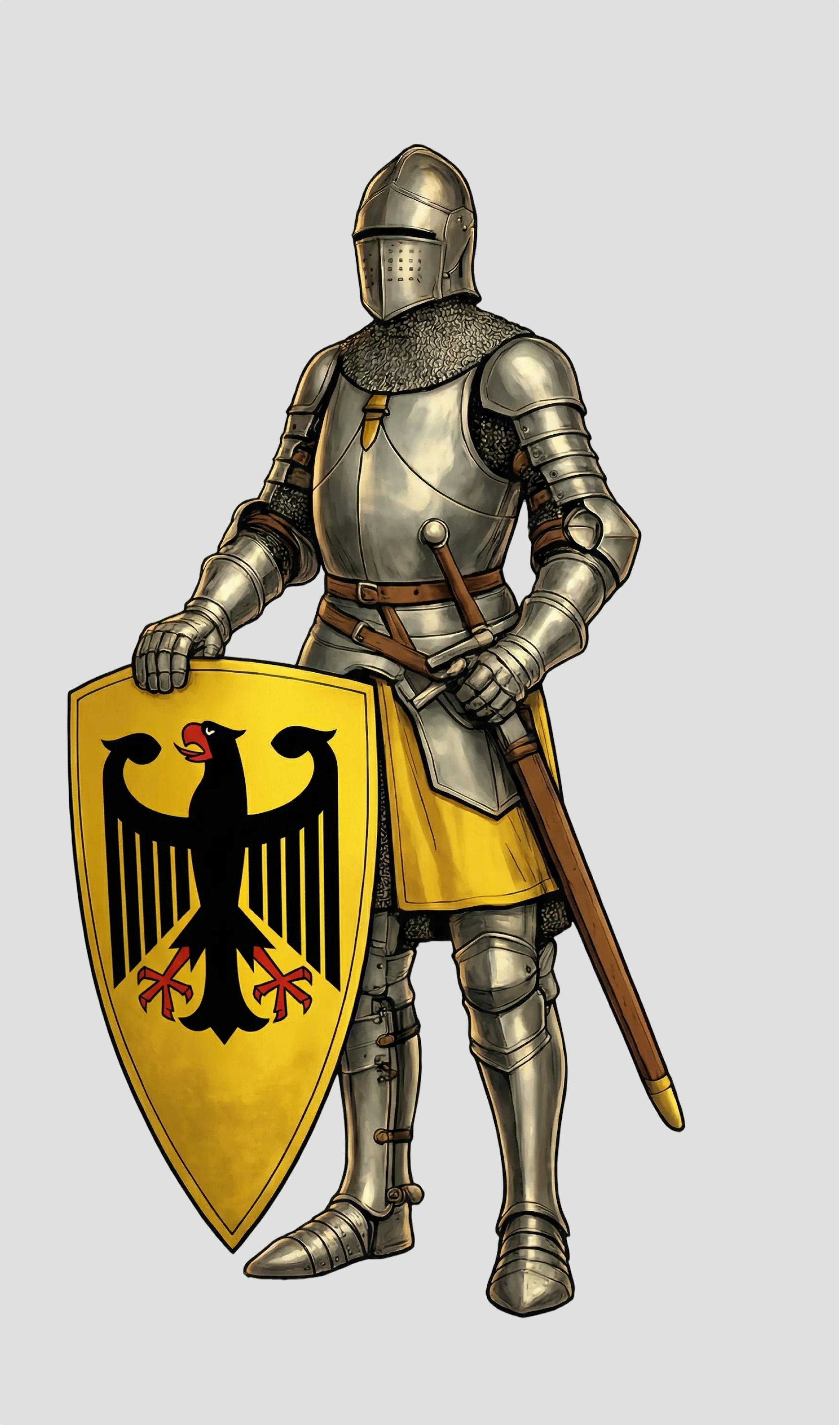Illustrated knight in plate armour holding a sword and a yellow shield with the black German federal eagle